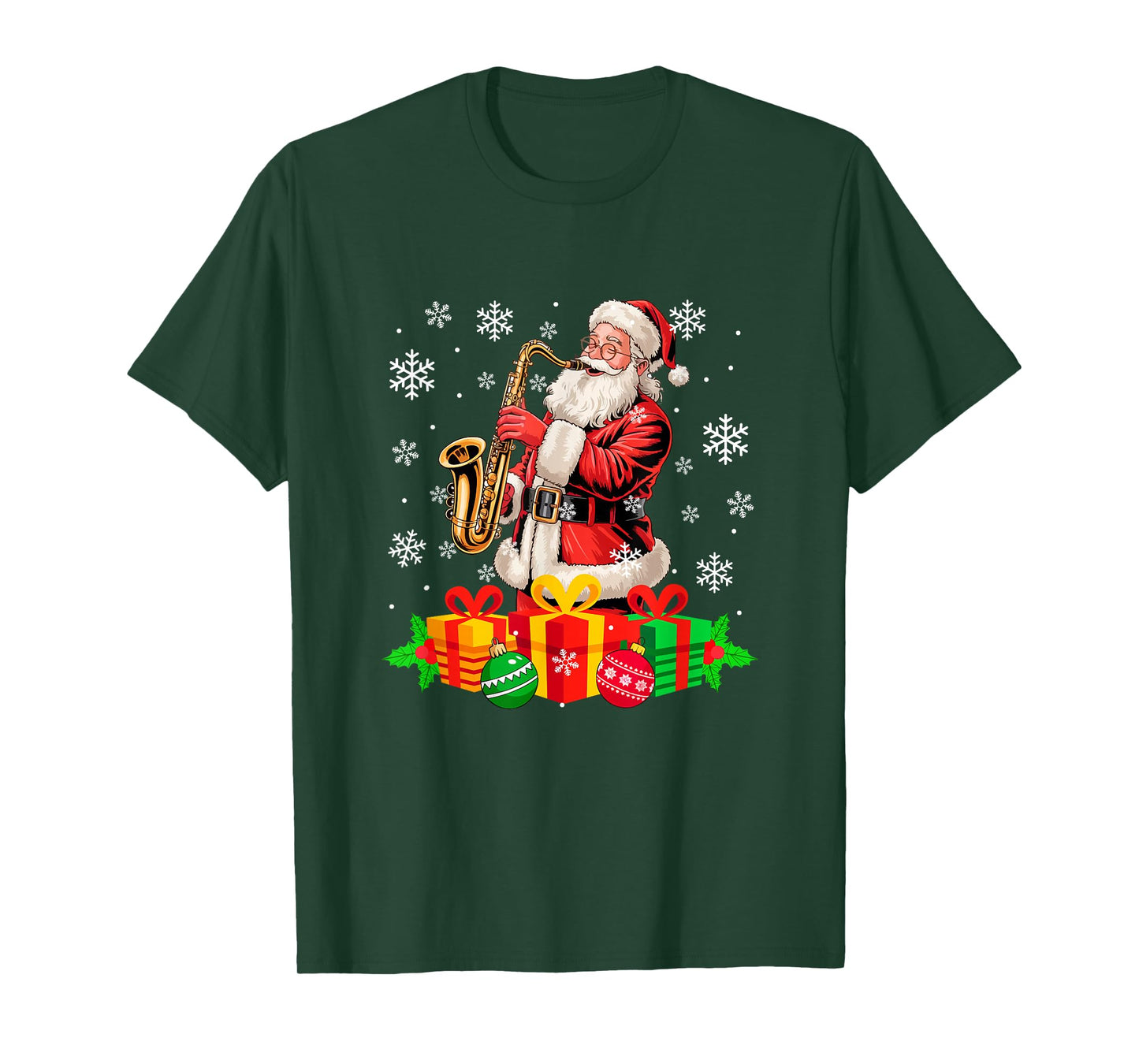 Santa Playing Saxophone Instrument Colorful Christmas Boxes T-Shirt