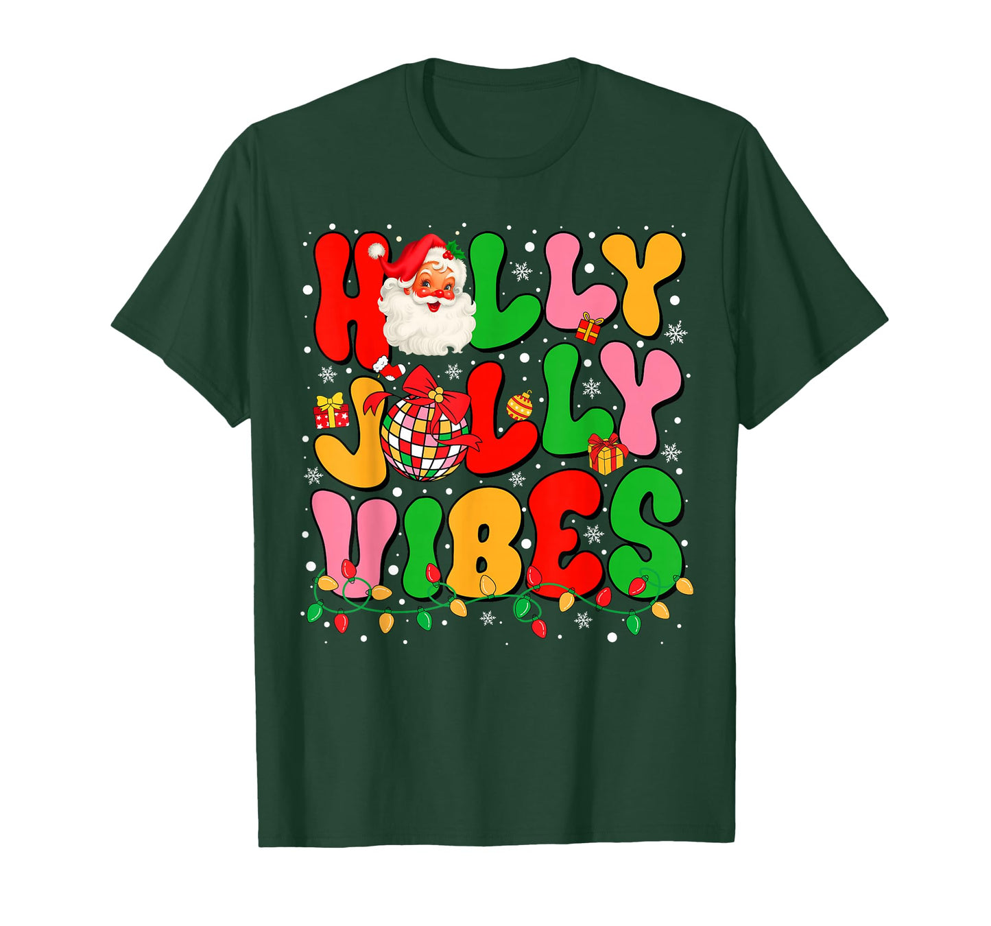 Holly Xmas Jolly Vibes Santa Christmas Lights Disco Ball T-Shirt