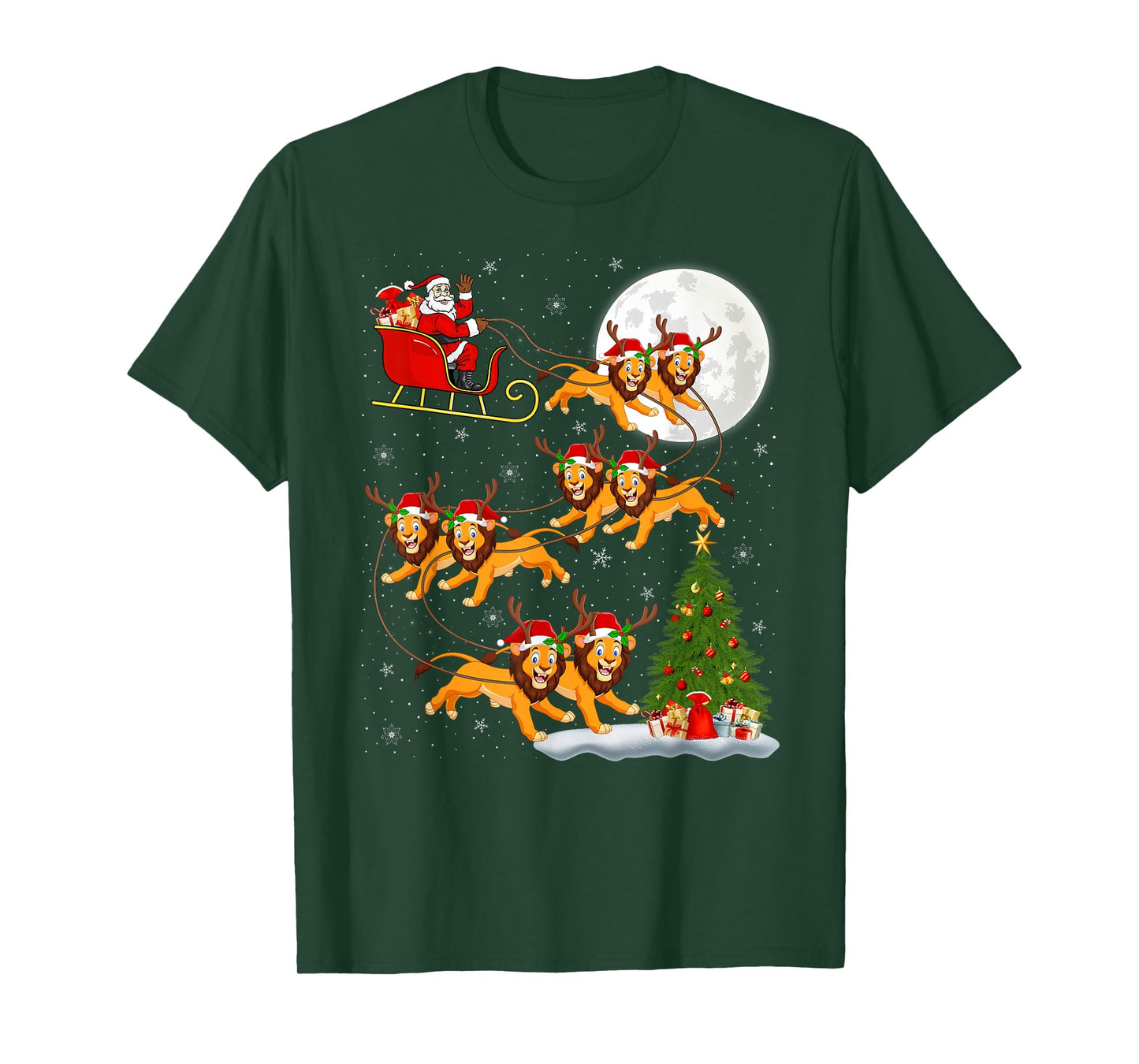Lions Santa Sleigh Flying Funny Magical Christmas T-Shirt