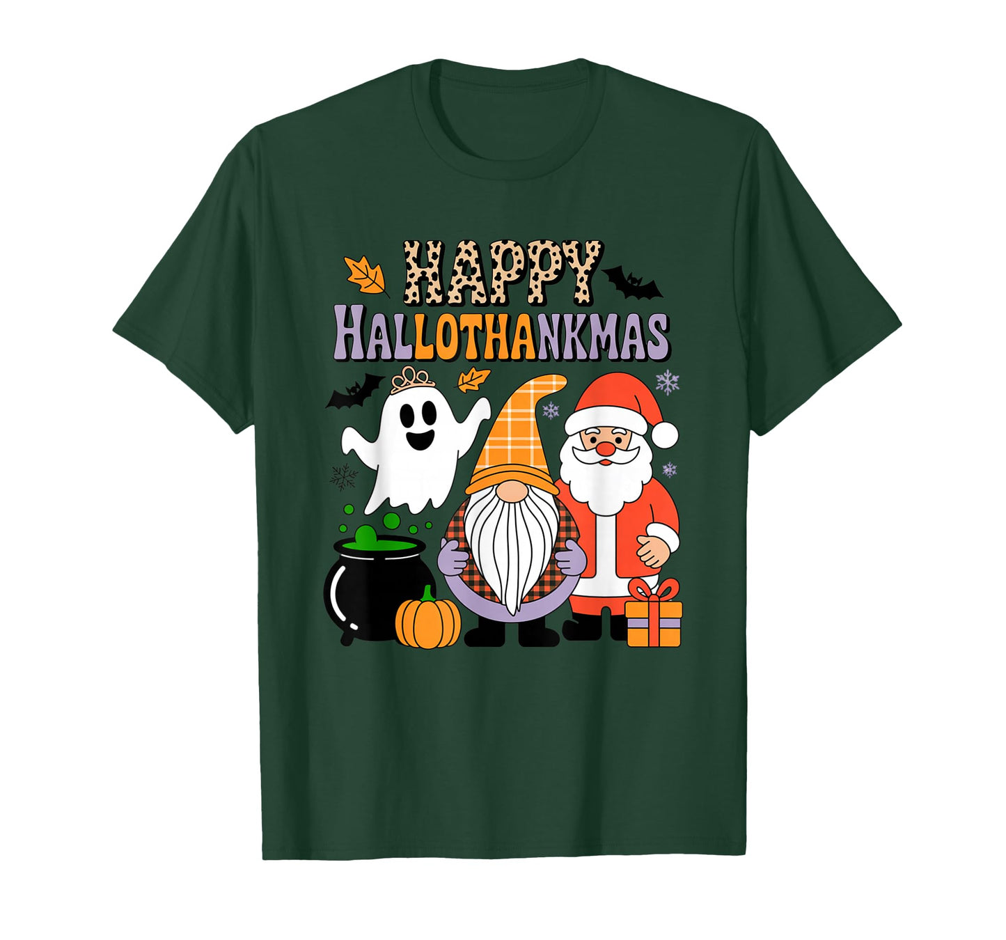 Happy Hallothankmas Cute Gnome Ghost Santa Christmas T-Shirt