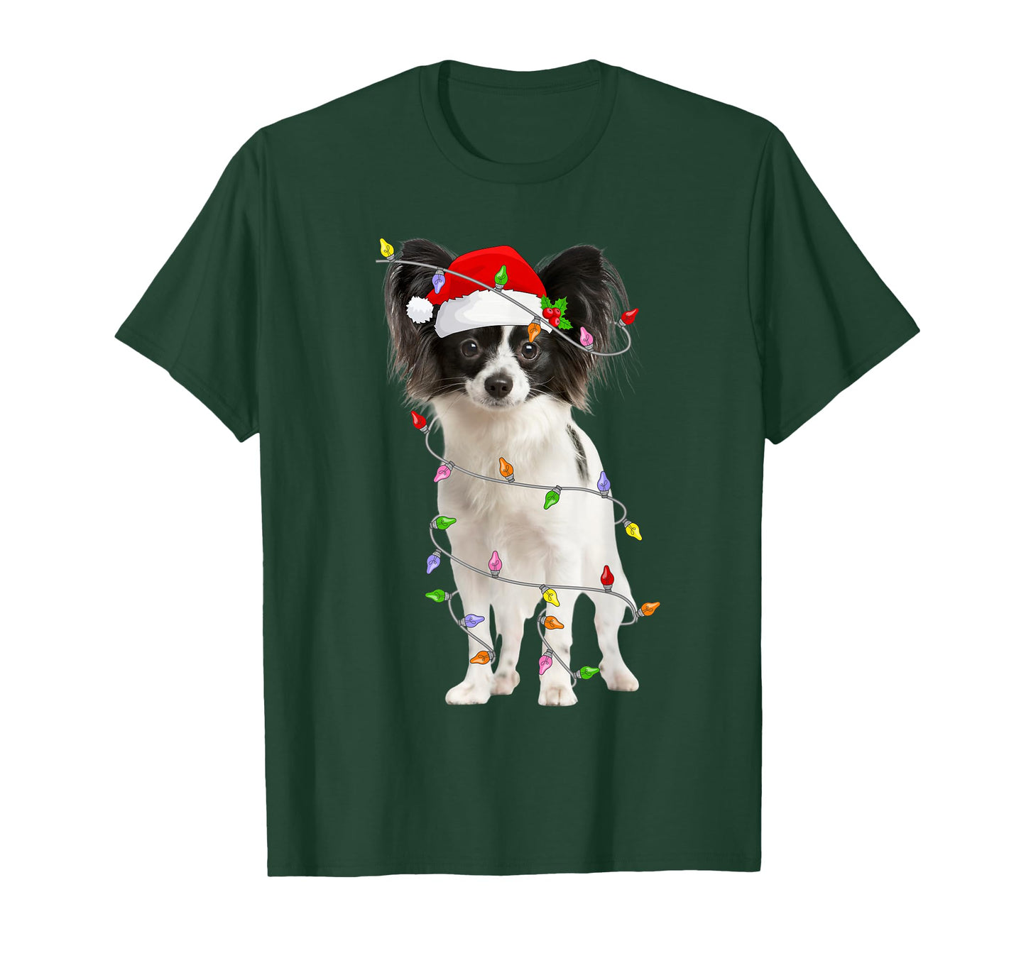 Papillon Dog Christmas Santa Hat Lights Funny Pet Dog Xmas T-Shirt