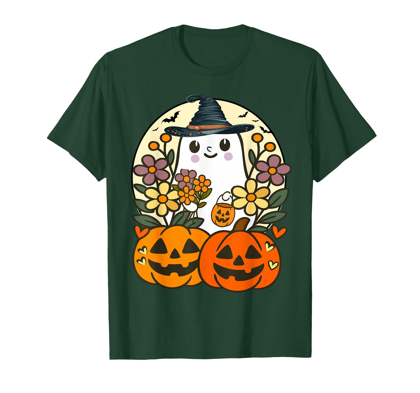 Funny Floral Ghost with Vintage Pumpkin Fall Halloween T-Shirt