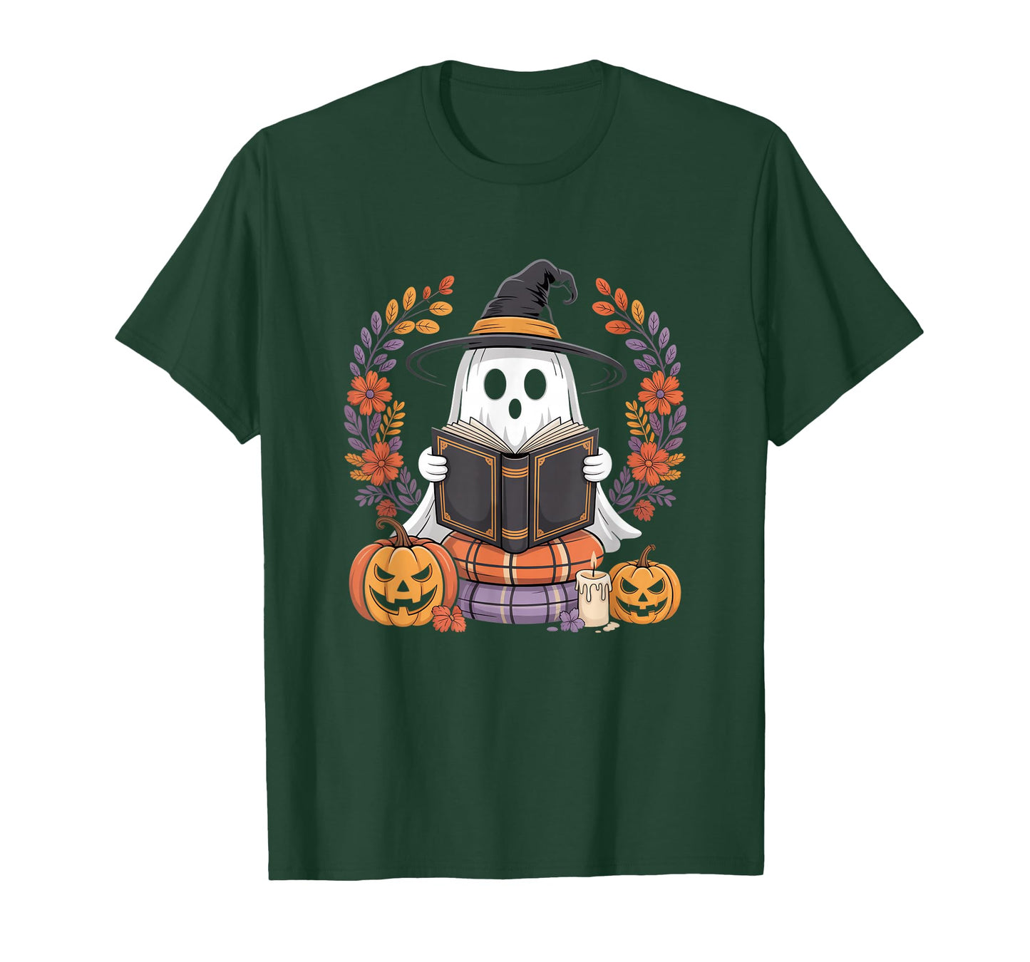 Halloween Ghost Reading Books Witch Hat Pumpkin Candle T-Shirt