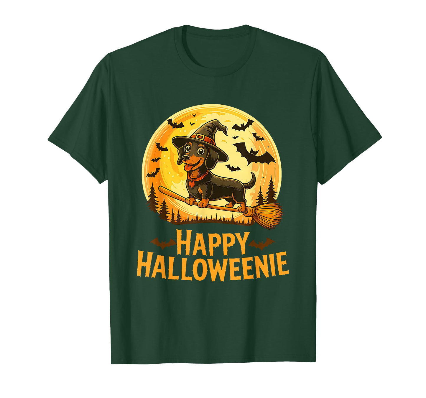 Funny Dachshundw Witch Hat Halloween Wiener Dog Moon T-Shirt