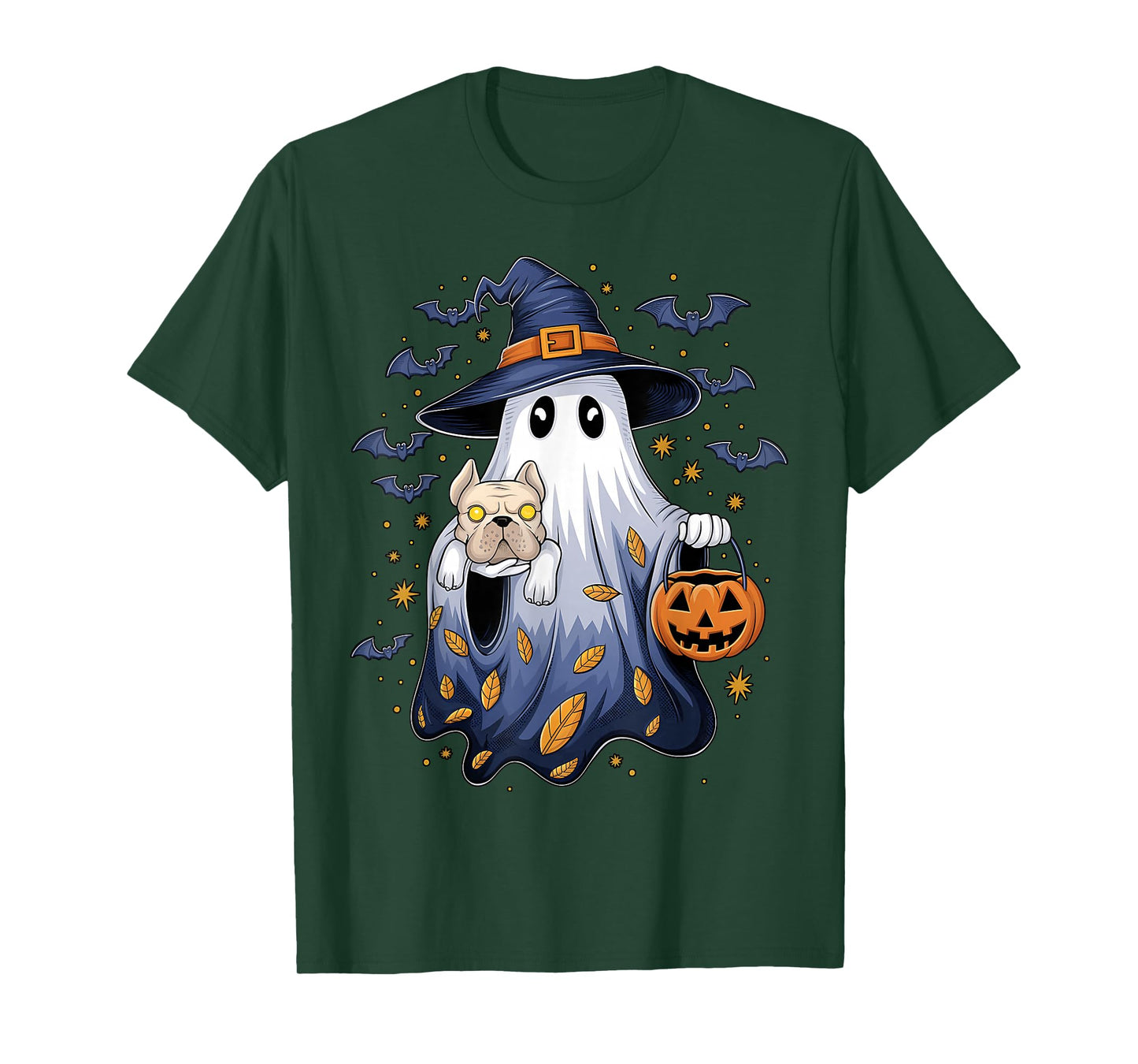 Cute Ghost Witch Holding English Bulldog Pumpkins Halloween T-Shirt