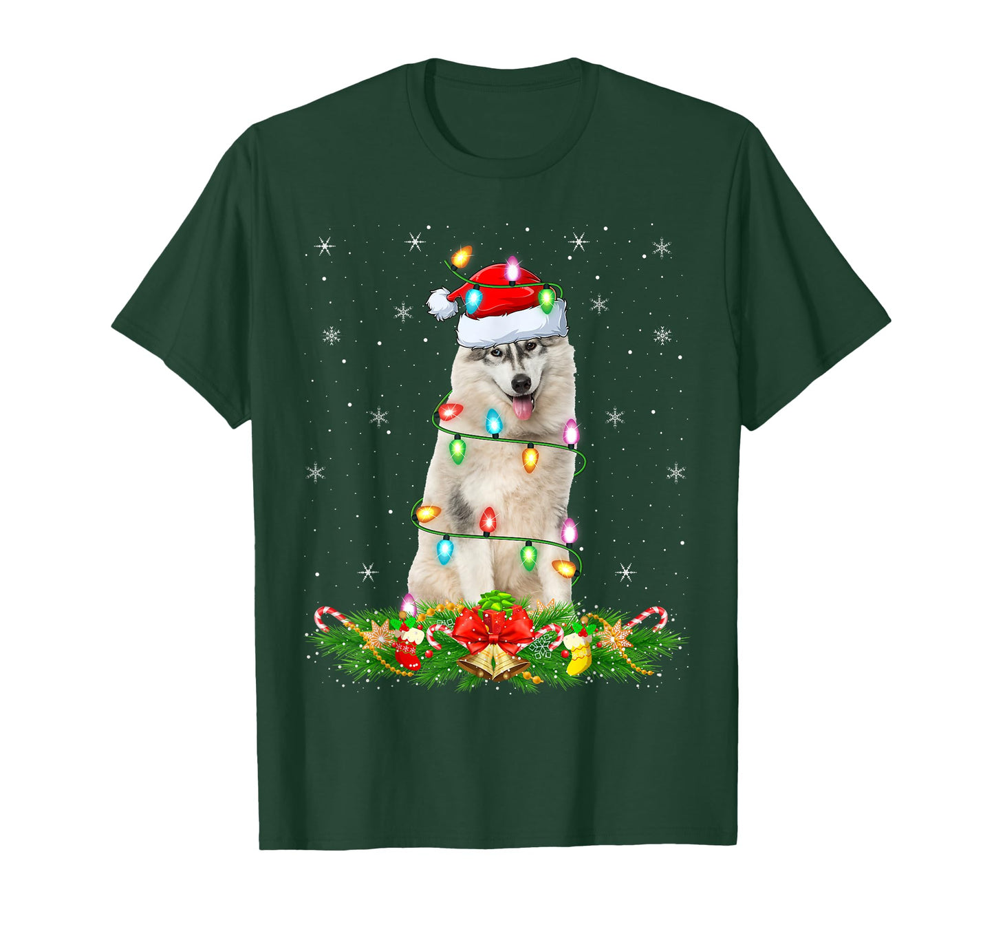 Alaskan Malamute Dog Christmas Lights Funny Santa Hat Xmas T-Shirt