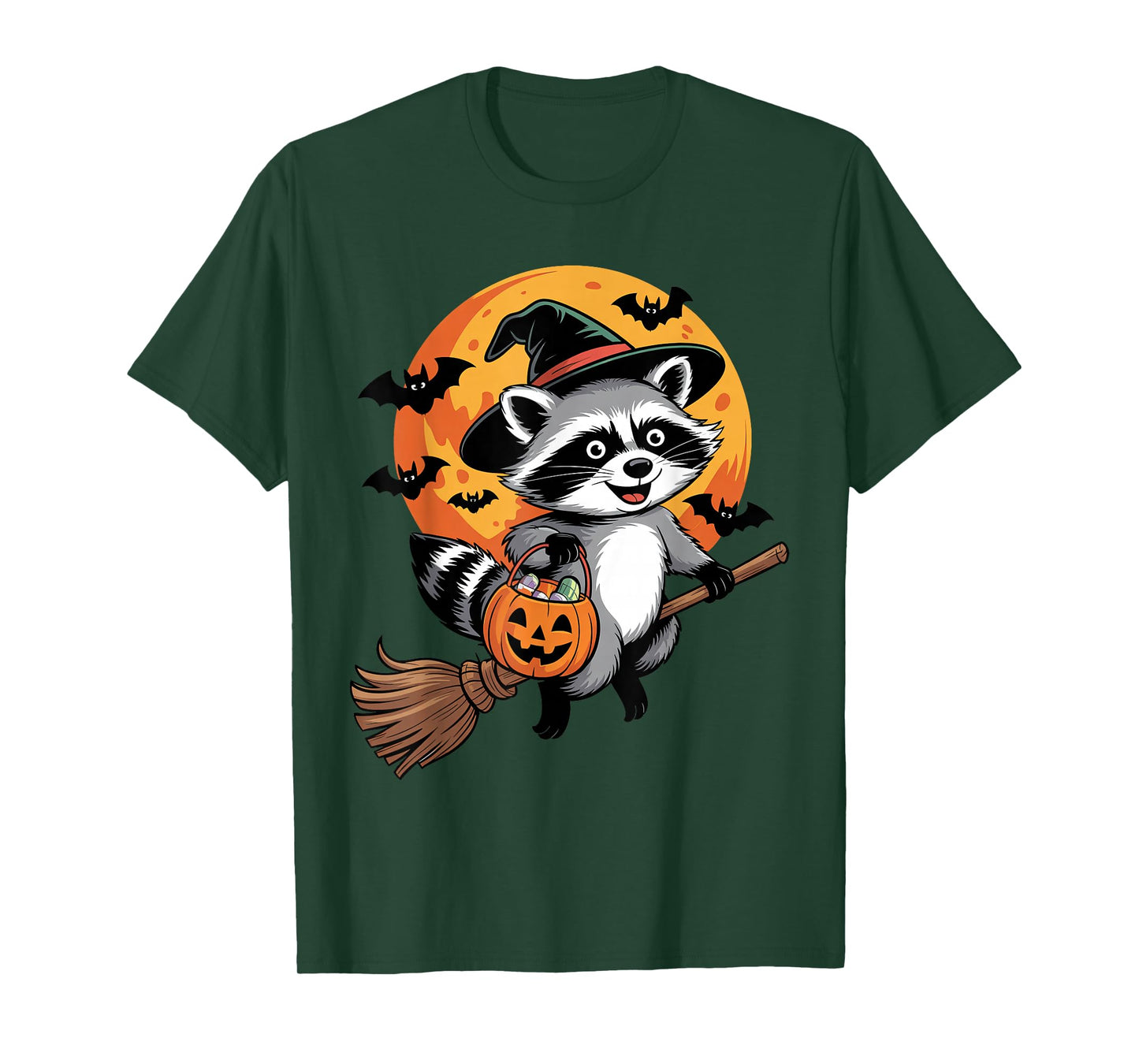 Trick or Treat Raccoon Witch Halloween Pumpkin Candy Bucket T-Shirt