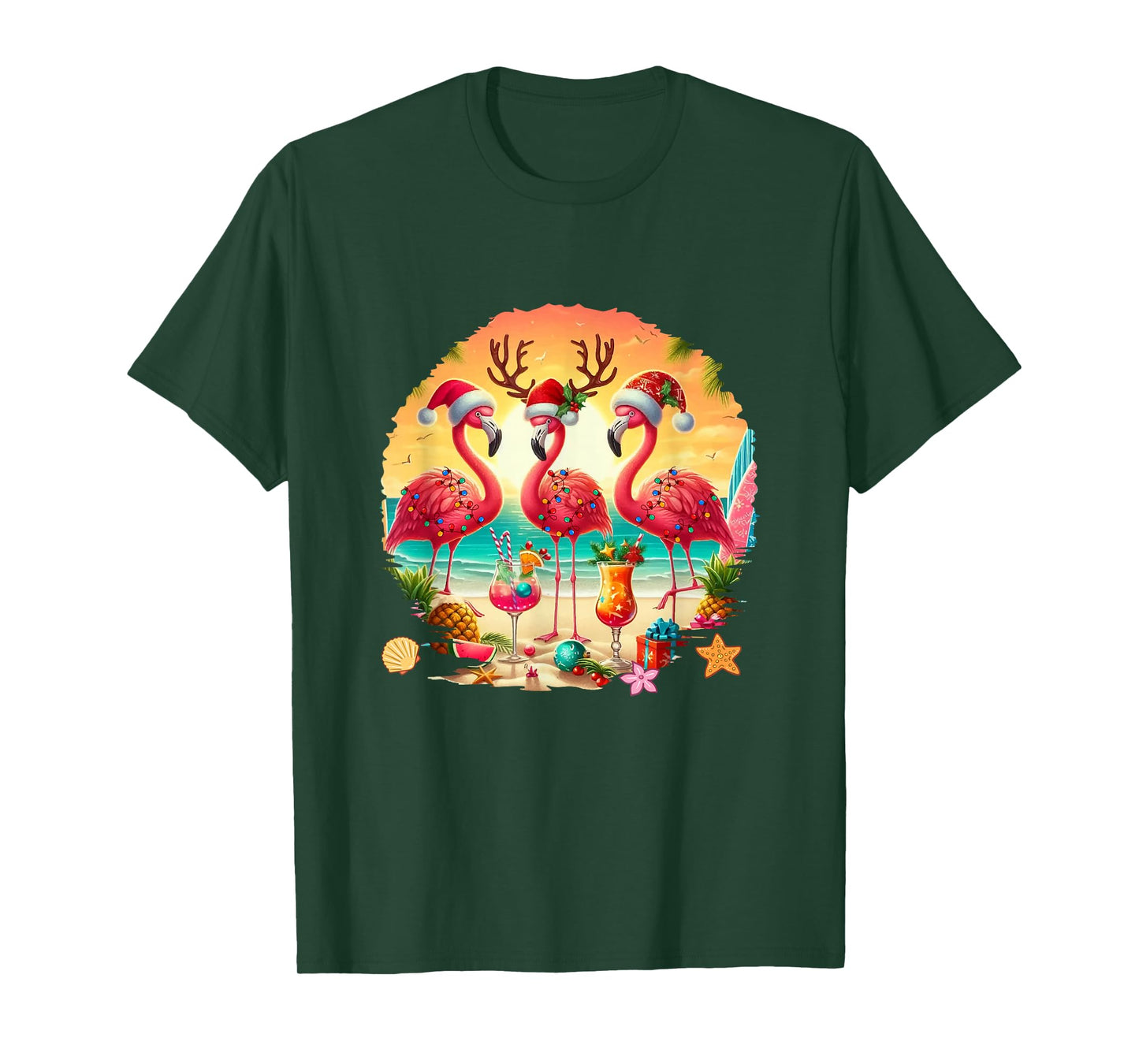 Three Santa Flamingos Drinking Cocktail Hawaiian Christmas T-Shirt