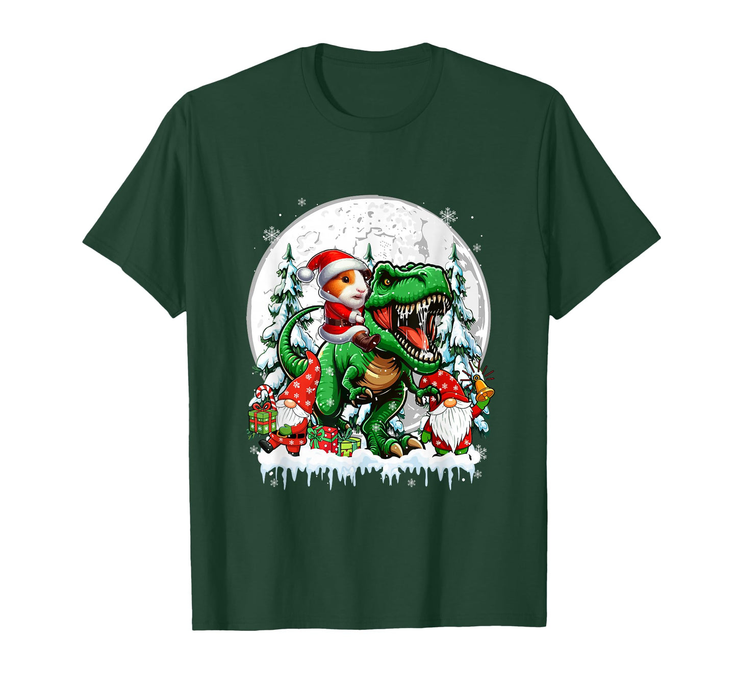 Santa Guinea Pig Riding T-Rex Gnomes Christmas Trees Family T-Shirt