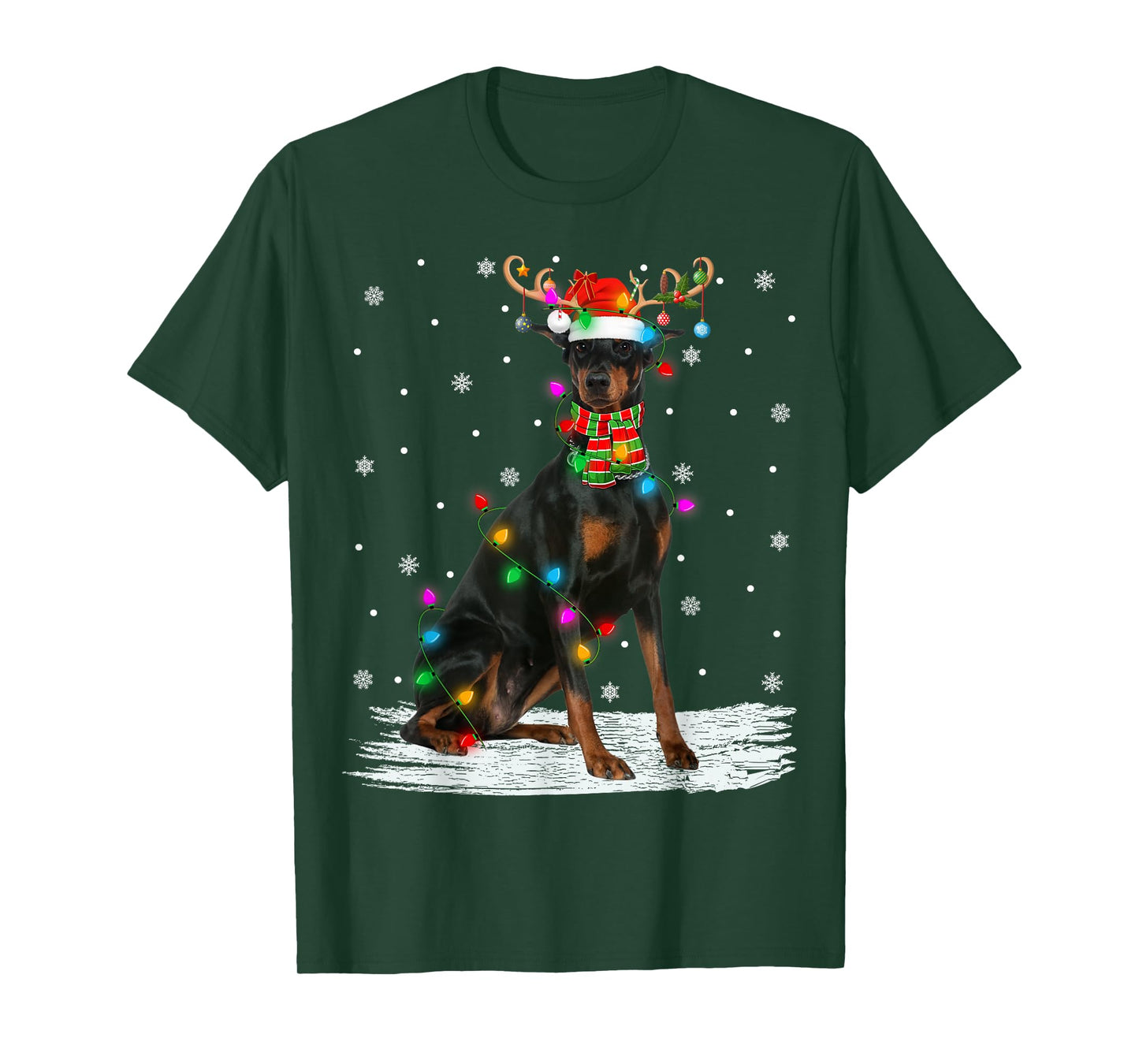 Doberman Pinscher Dog Christmas Lights Reindeer Santa Xmas T-Shirt