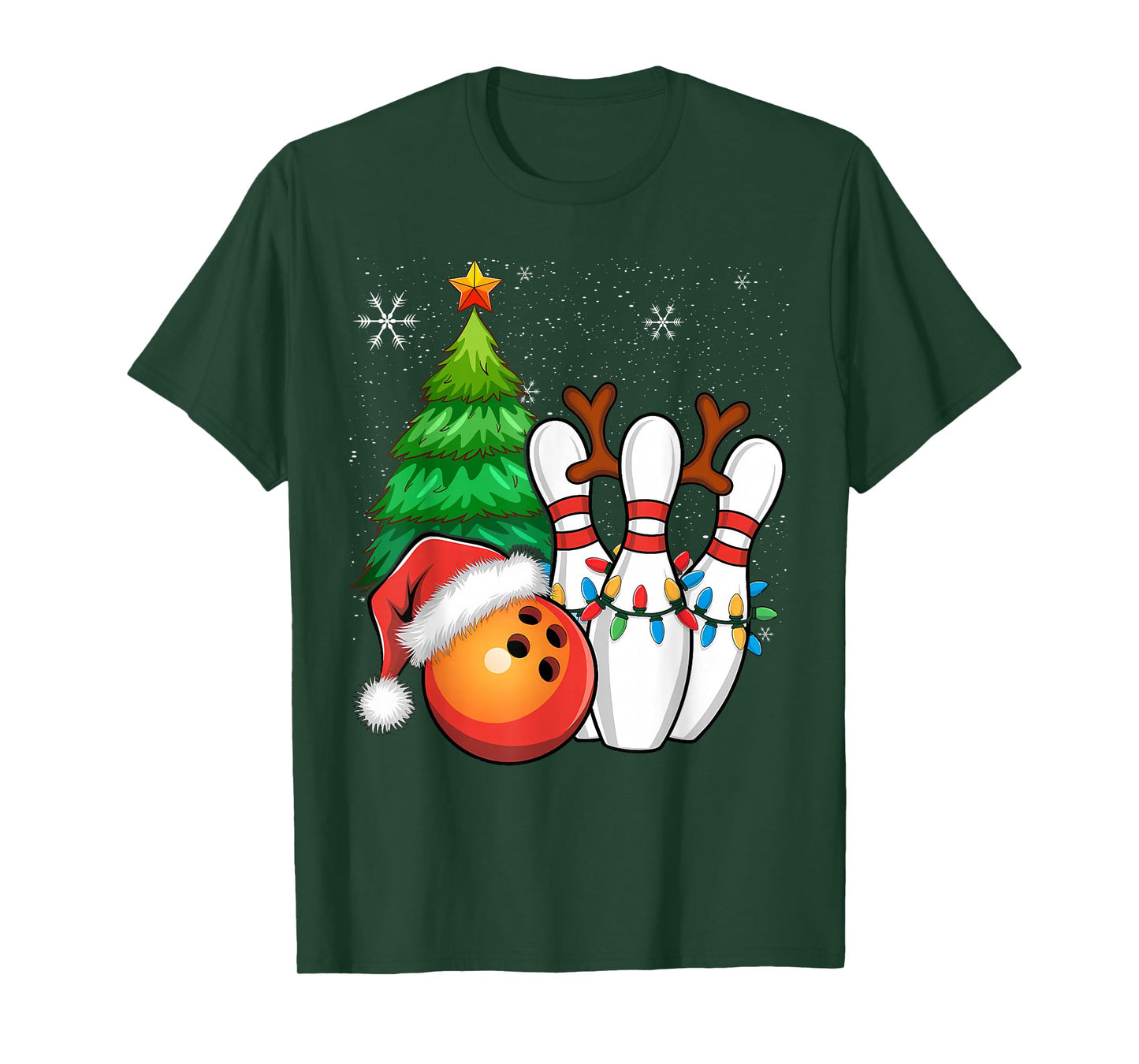 Ball Antlers Christmas Bowling Pins Santa Hat T-Shirt