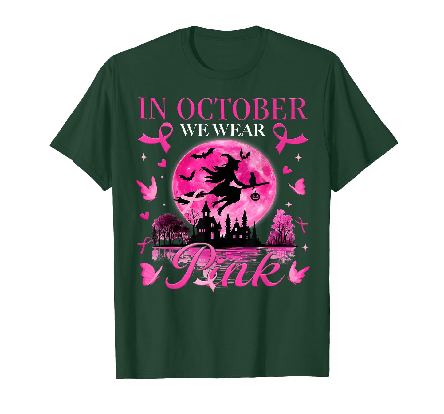 in October We Wear Pink Ribbon Witch Halloween Breast Cancer T-Shirt