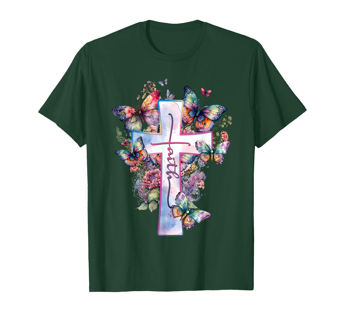 Faith-Cross Floral Butterflies Christ Flowers Religious T-Shirt