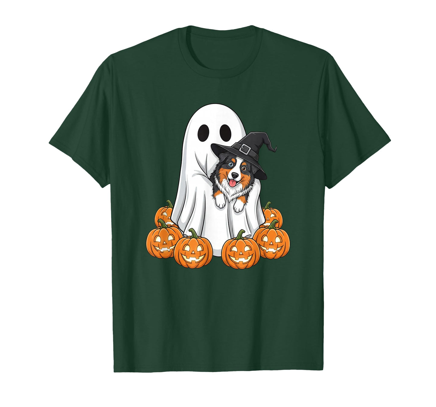Ghost Australian Shepherd Pumpkin Halloween Kids Mens Womens T-Shirt