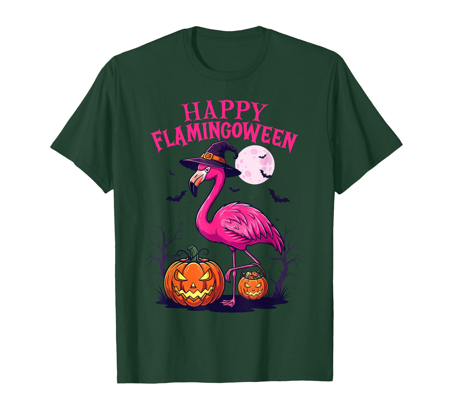 Happy Flamingoween Flamingo Witch Pumpkin Funny Halloween T-Shirt