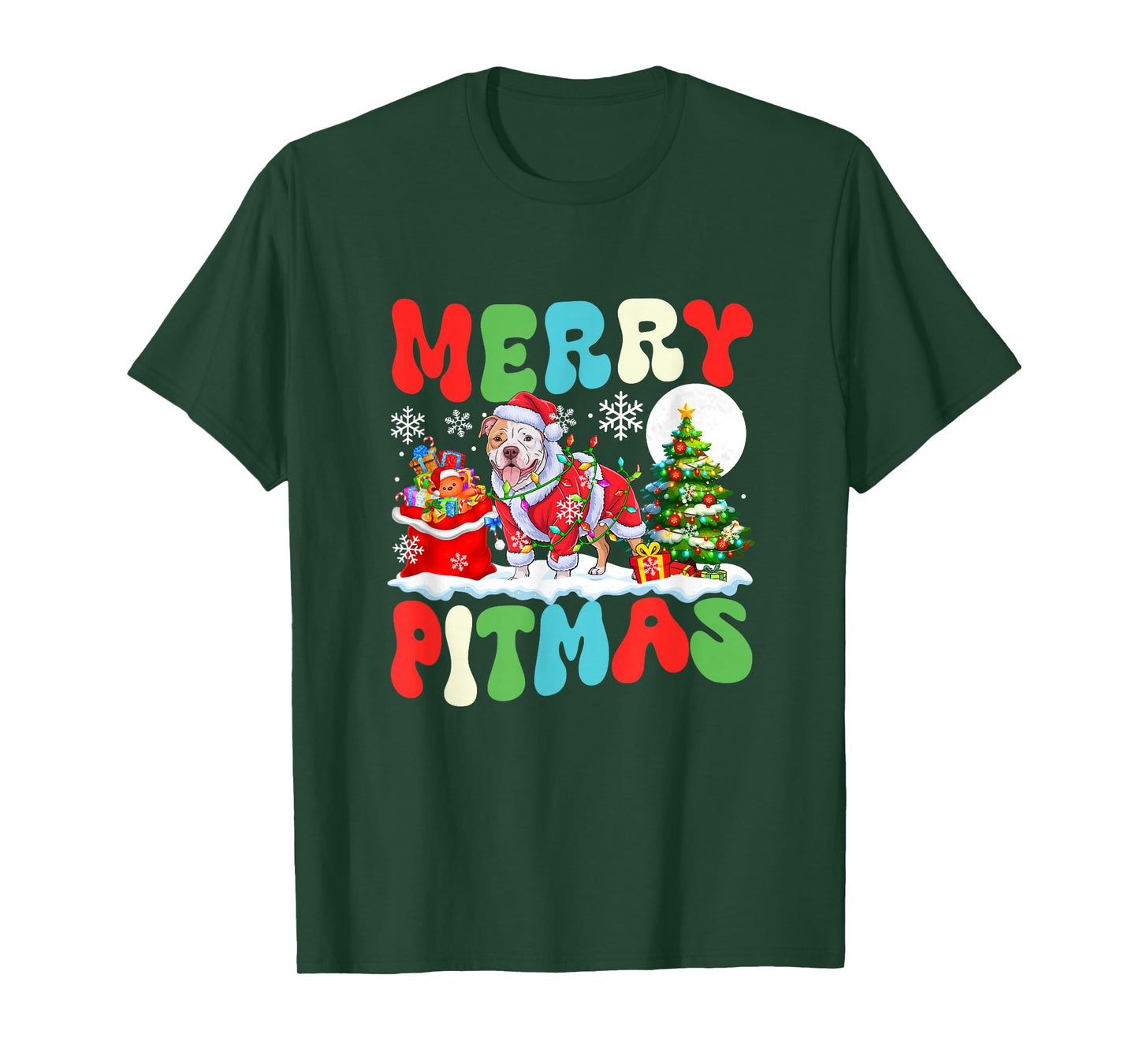 Merry Pitmas Christmas Santa Pit Bull Colorful Costume Owner T-Shirt