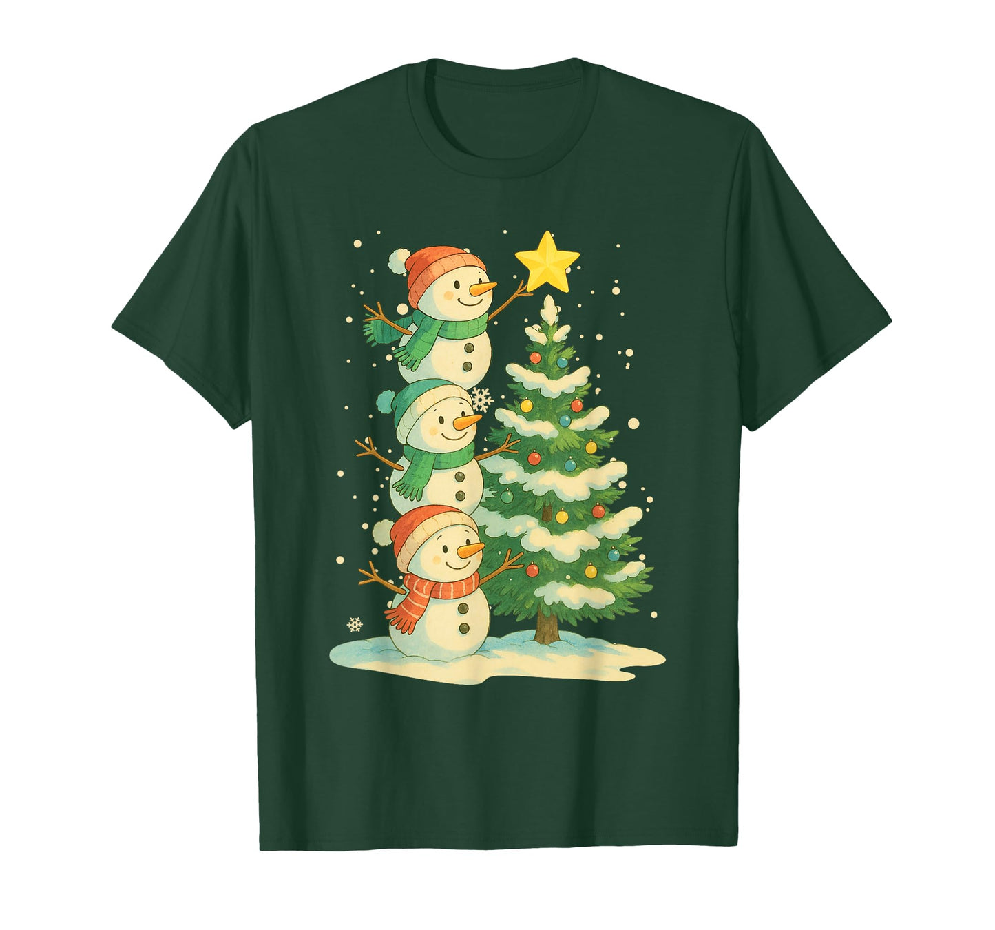 Cute Christmas Snowman Watercolor Xmas Tree Family Pajama T-Shirt