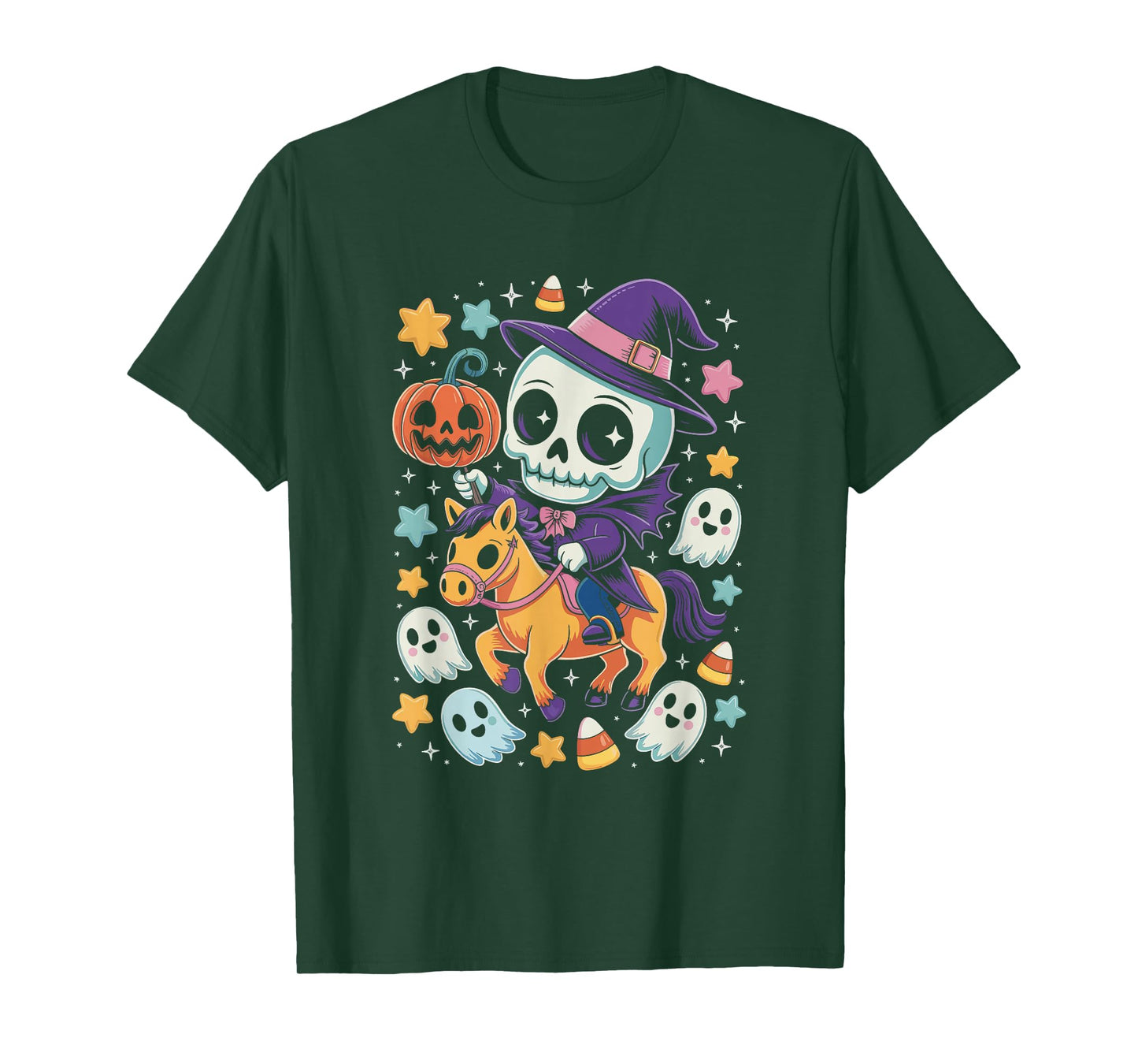 Headless Skeleton Rider Pumpkin Witch Hat Horse Halloween T-Shirt