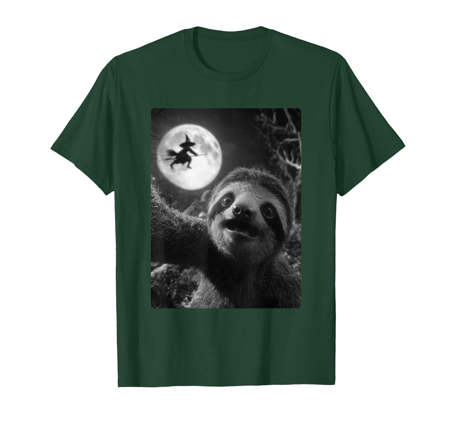 Funny Sloth Selfie Full Moon Flying Witch Forest Halloween T-Shirt