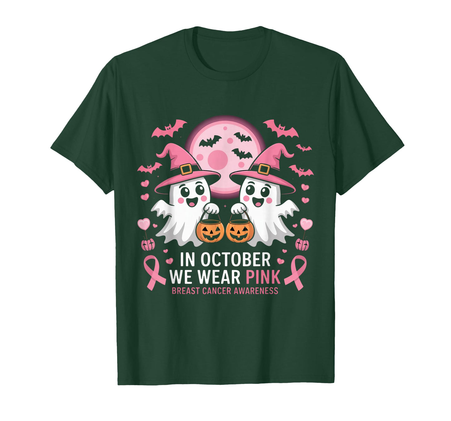 in October We Wear Pink Ghost Witch Breast Cancer Awareness T-Shirt