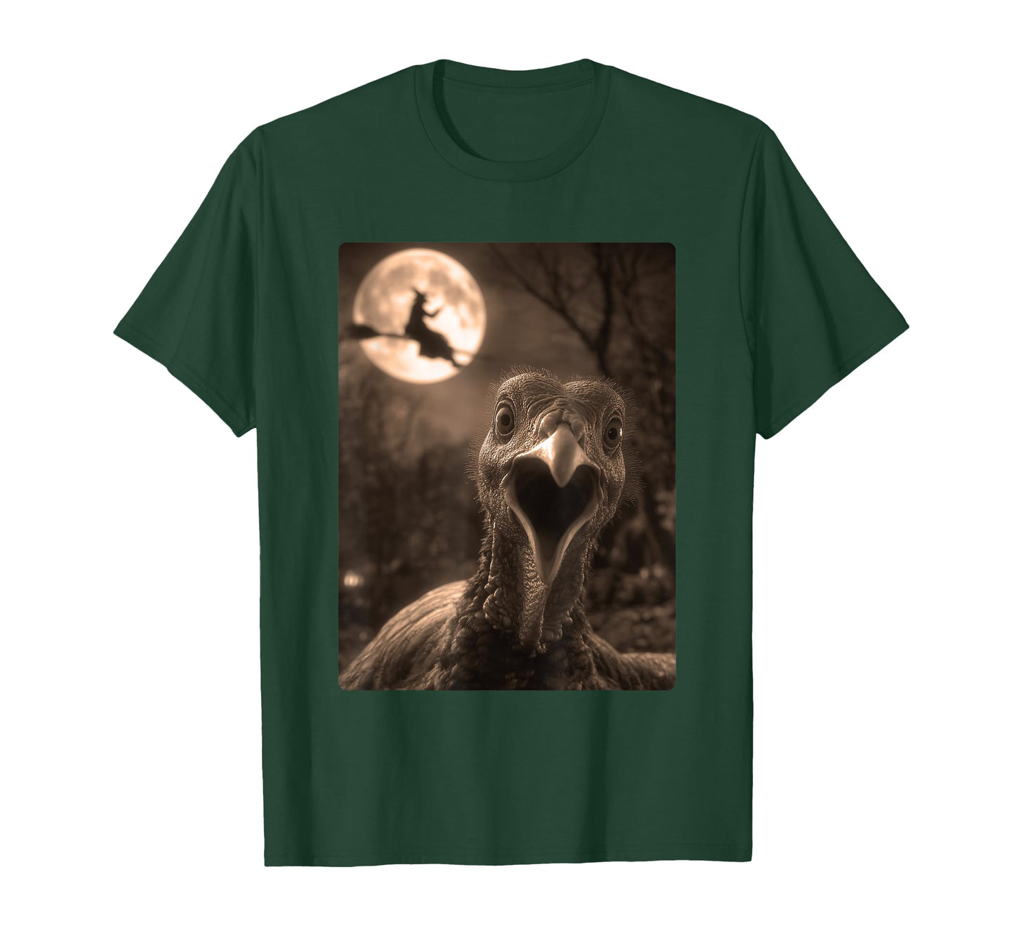 Funny Turkey Selfie Full Moon Flying Witch Forest Halloween T-Shirt