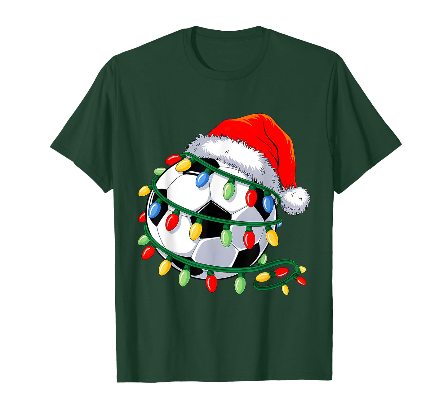 Soccer Ball Santa Hat Men Women Christmas Soccer Xmas Lights T-Shirt