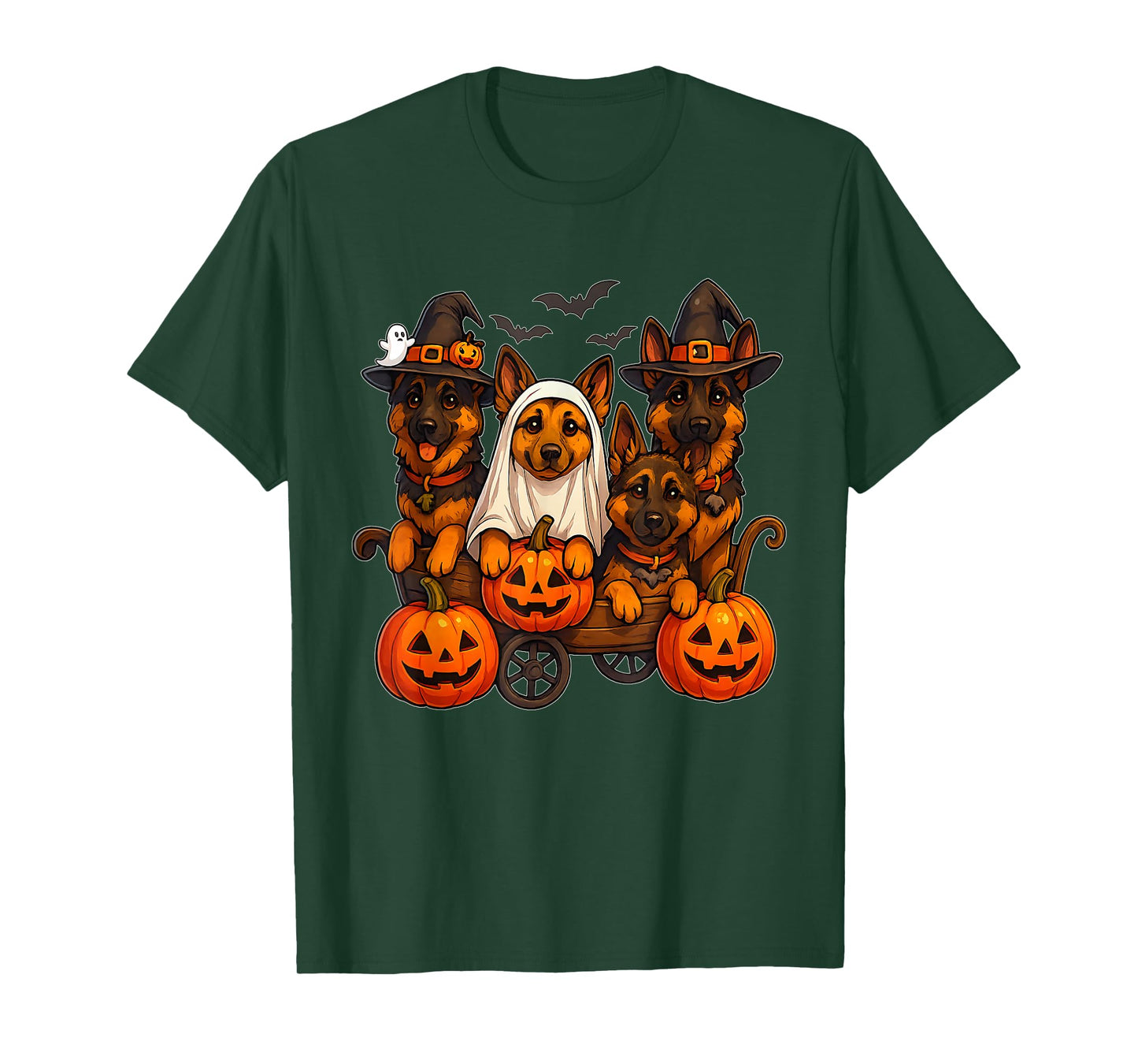 Halloween German Shepherd Ghost Witch Pumpkins Wooden Wagon T-Shirt