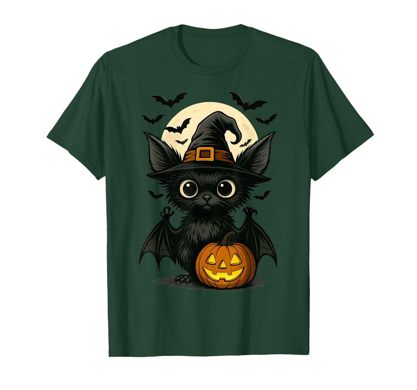 Cute Bat Wearing Witch Hat with Moon and Bats Halloween Bat T-Shirt