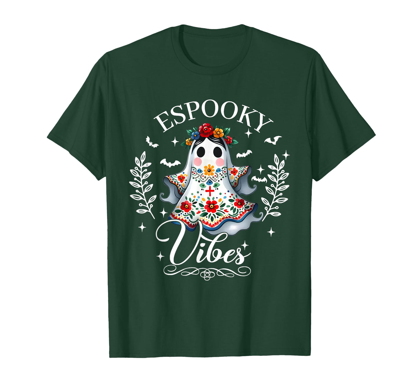 Espooky Vibes Halloween Floral Ghost Spanish Mexican Teacher T-Shirt