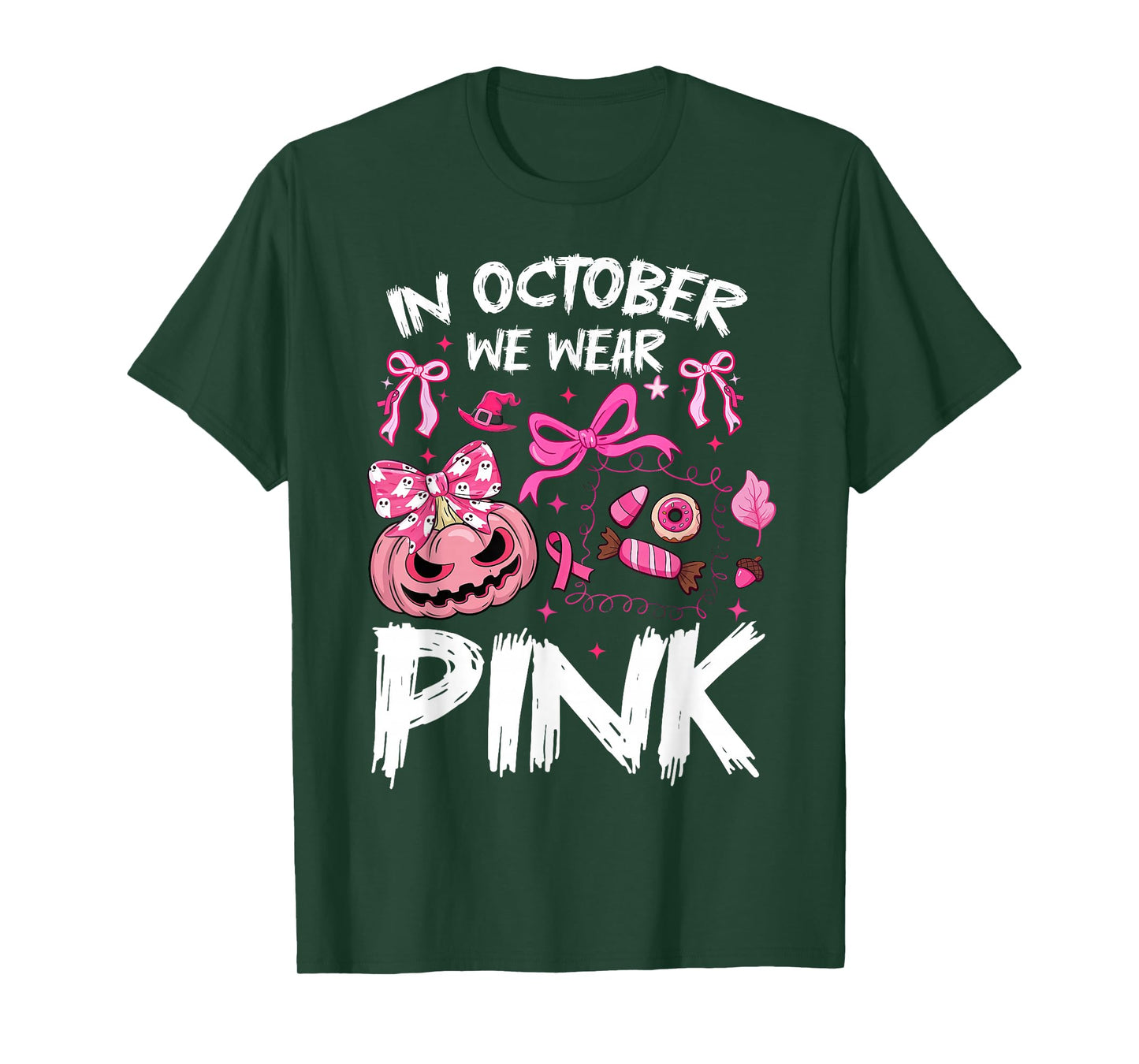 in October We Wear Pink Halloween Pumpkin Breast Cancer Bow T-Shirt