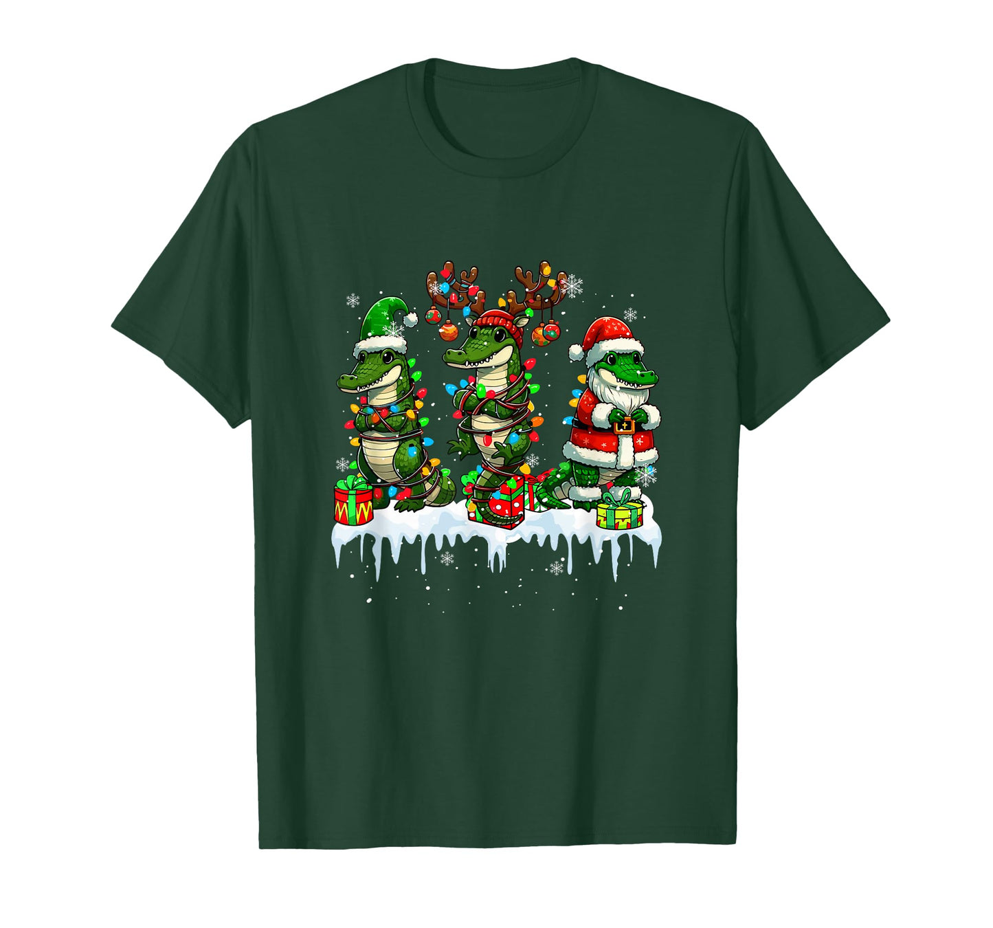 Three Santa Reindeer Elf Crocodiles Xmas Colorful Lights T-Shirt