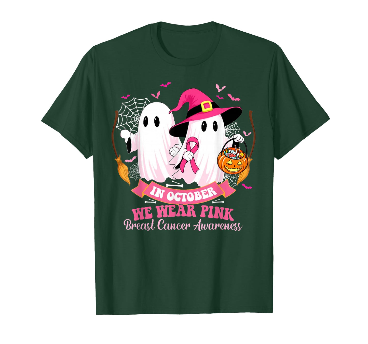 in October We Wear Pink Ghost Witch Breast Cancer Awareness T-Shirt