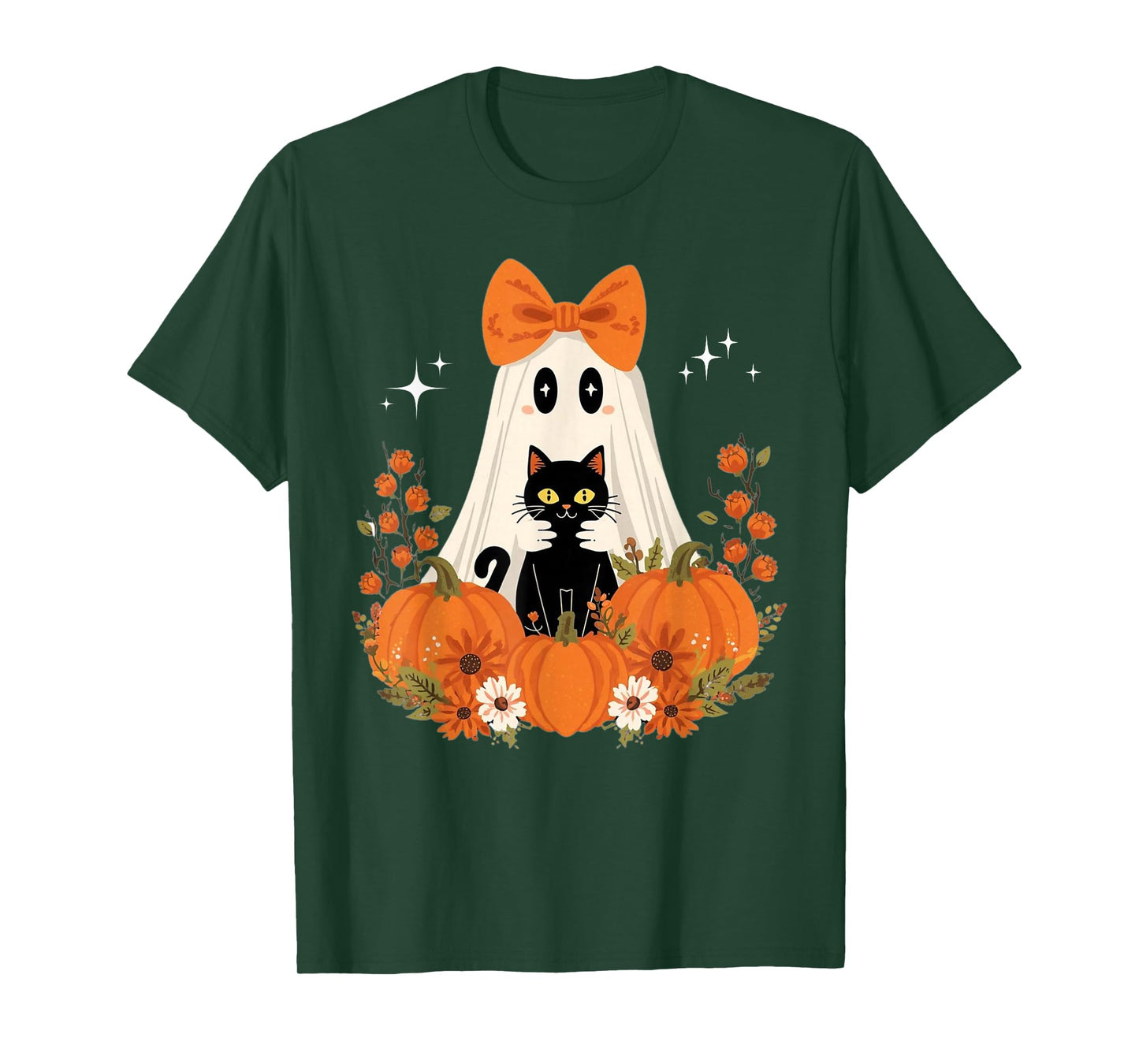 Vintage Halloween Ghost Holding Cat Groovy Floral Cat Meme T-Shirt
