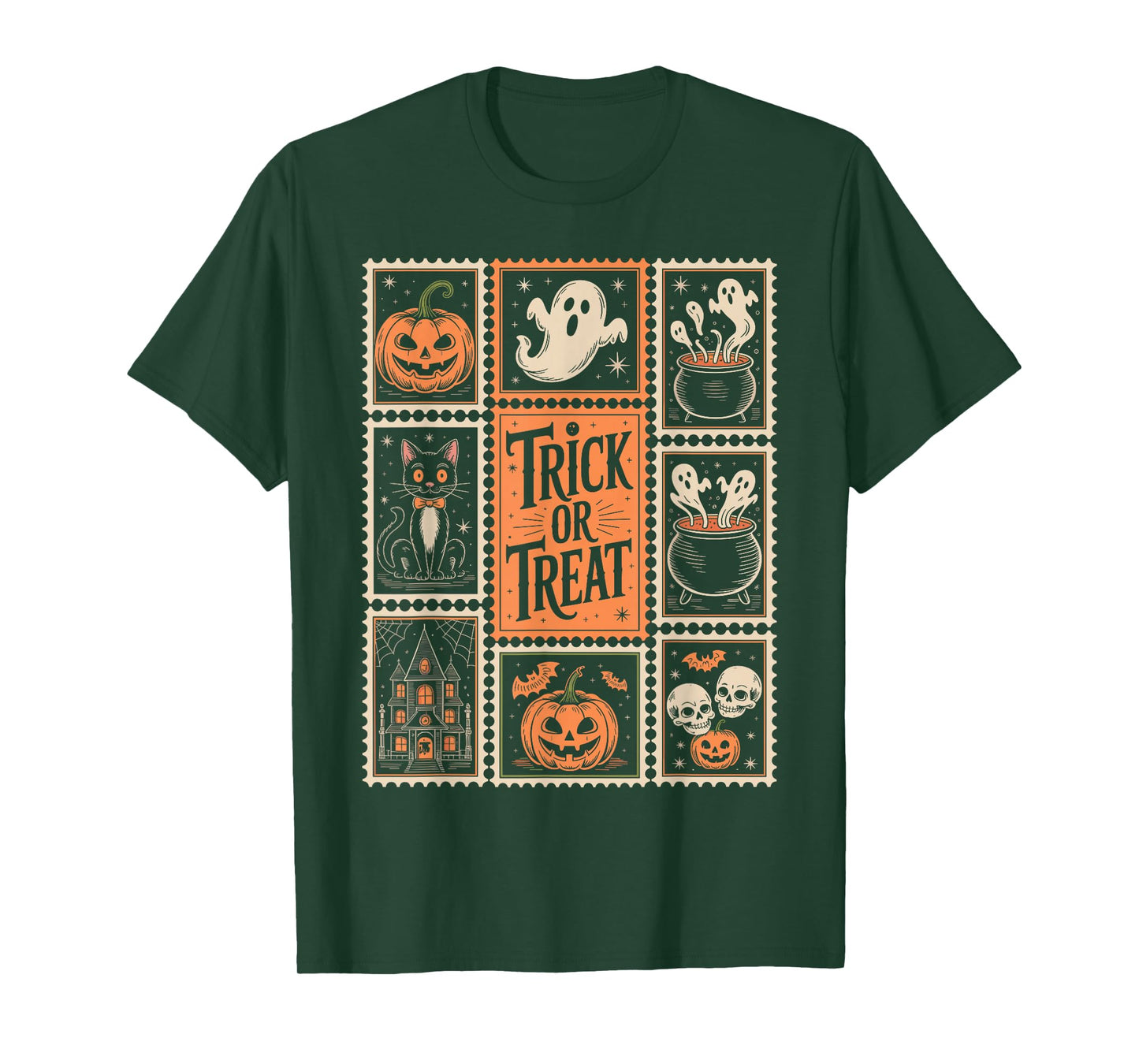 Halloween Stamps Spooky Pumpkin Ghost Cat Witch Skeleton T-Shirt