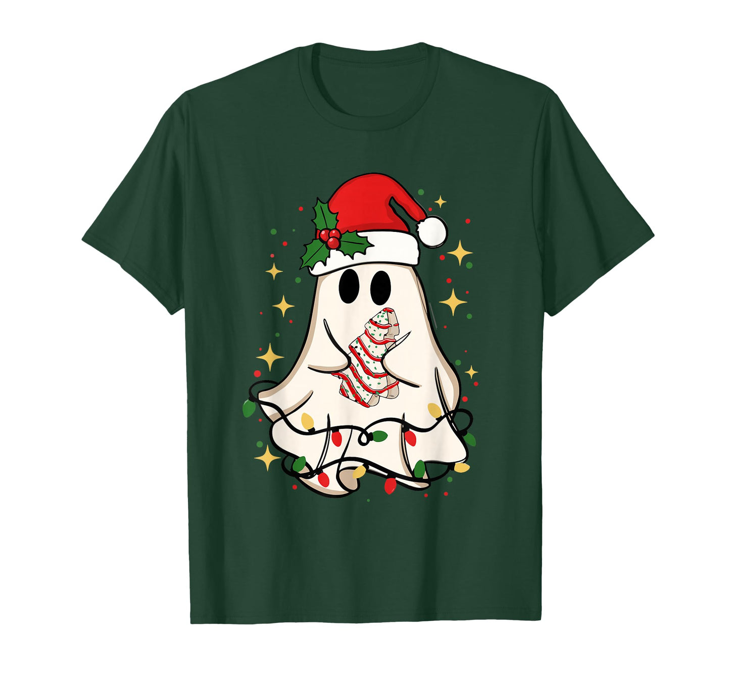 Cute Ghost Lights Tree Cake Merry Christmas Funny Xmas T-Shirt