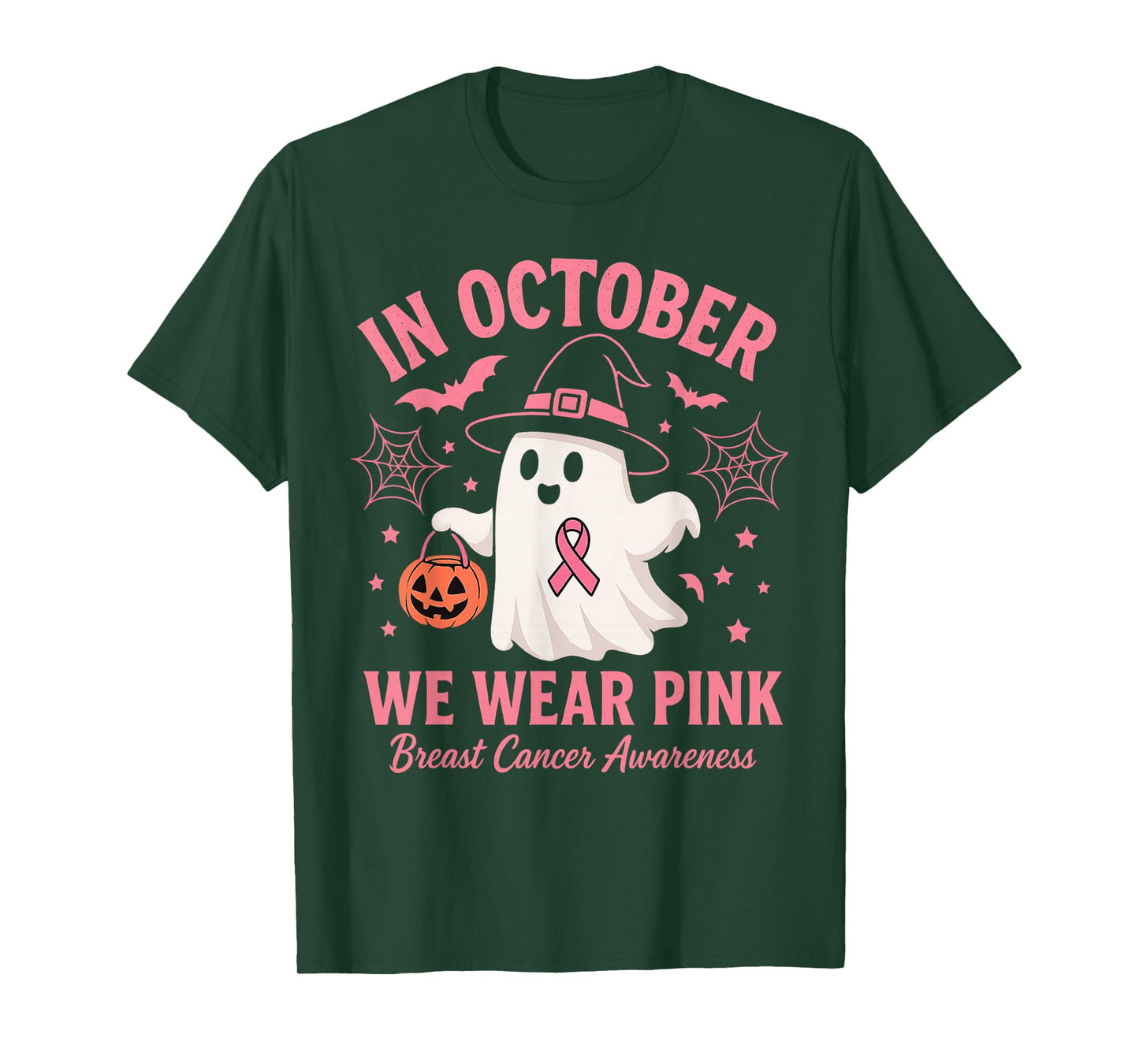 in October We Wear Pink Ghost Witch Breast Cancer Awareness T-Shirt