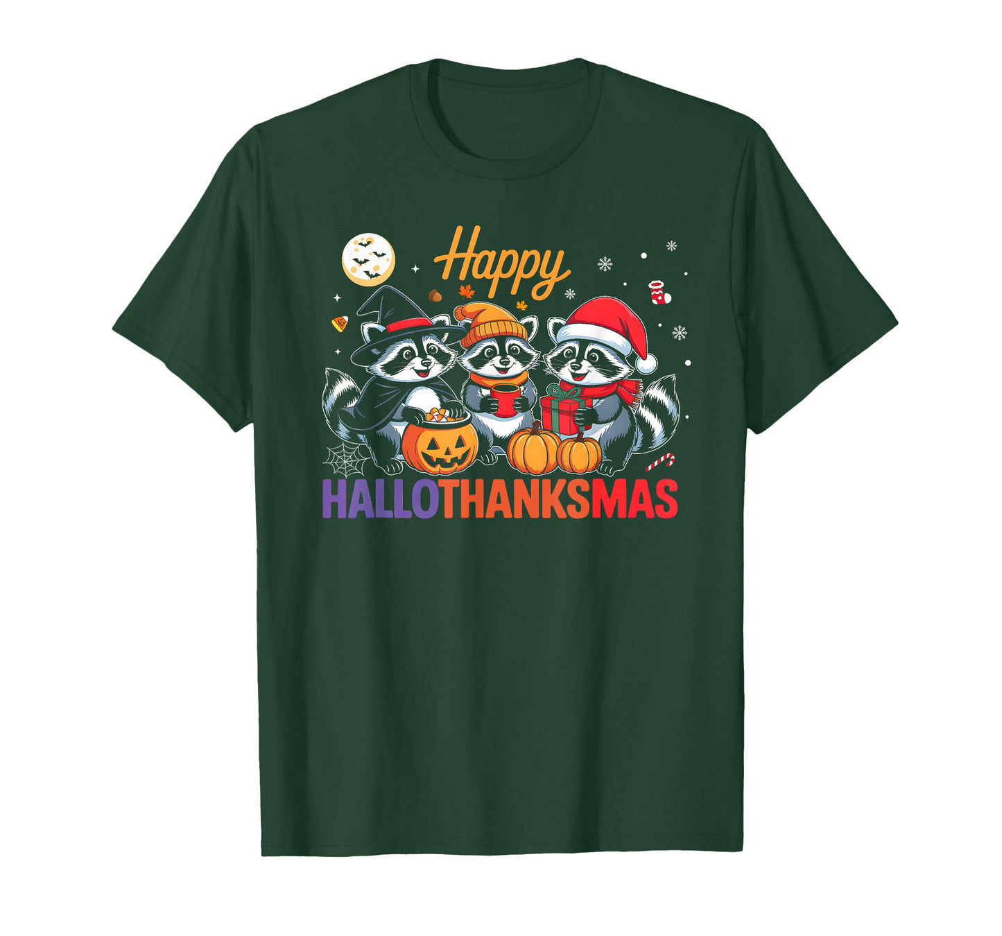 Happy HalloThanksMas Raccon Halloween Thanksgiving Christmas T-Shirt