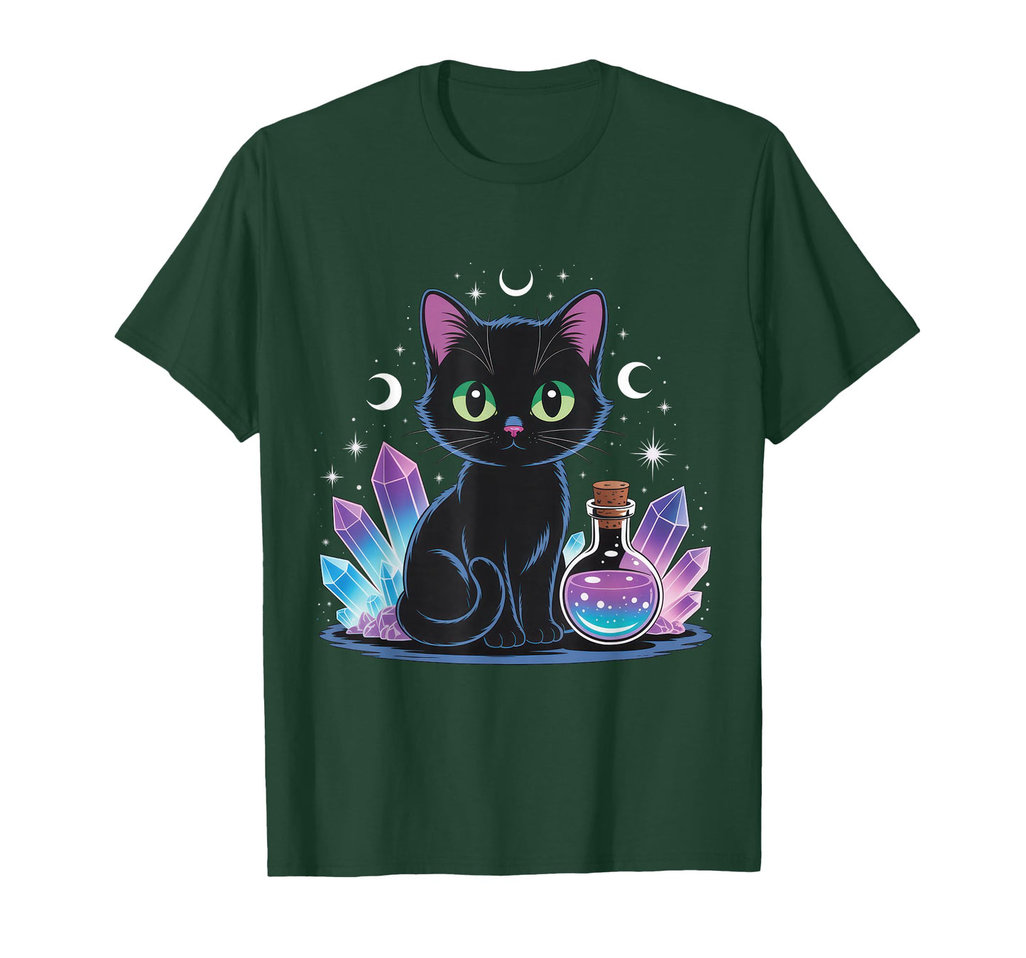 Black Cat Crystals Potion Bottle Moon Mystic Witchy Vibes T-Shirt