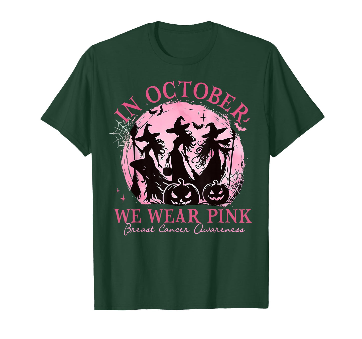in October We Wear Pink Witch Halloween Breast Cancer Women T-Shirt