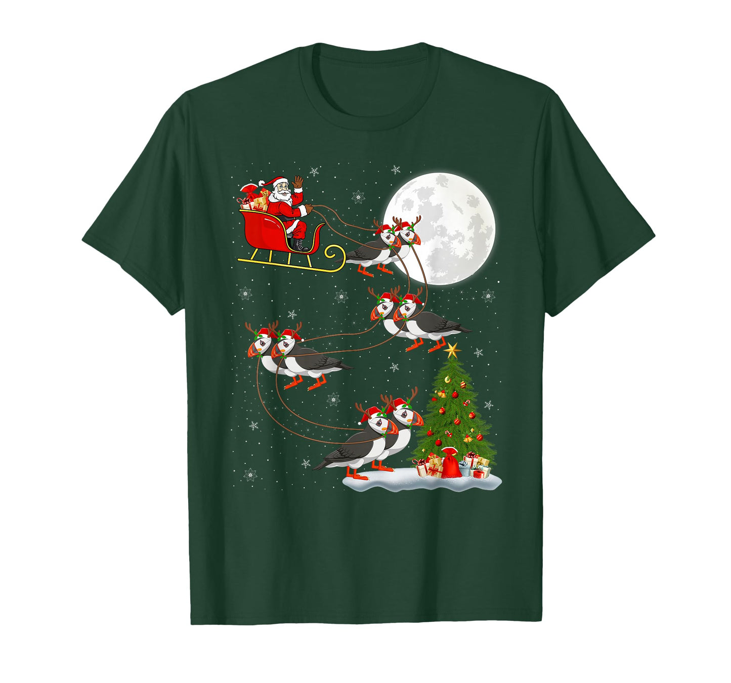 Puffins Bird Santa Sleigh Flying Funny Magical Christmas T-Shirt