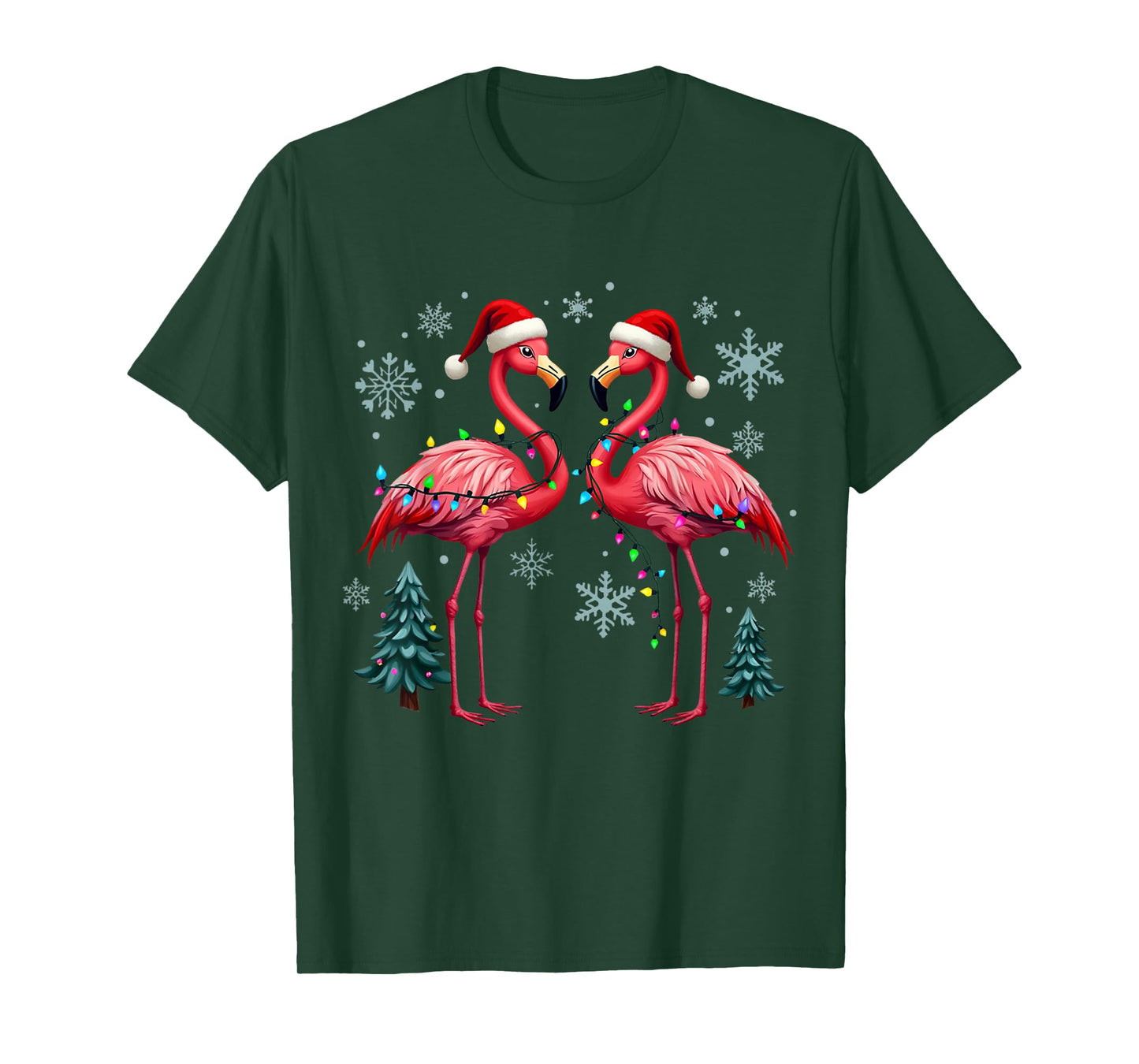 Pink Flamingo Santa Hat Christmas Tree Lights Flamingo Lover T-Shirt