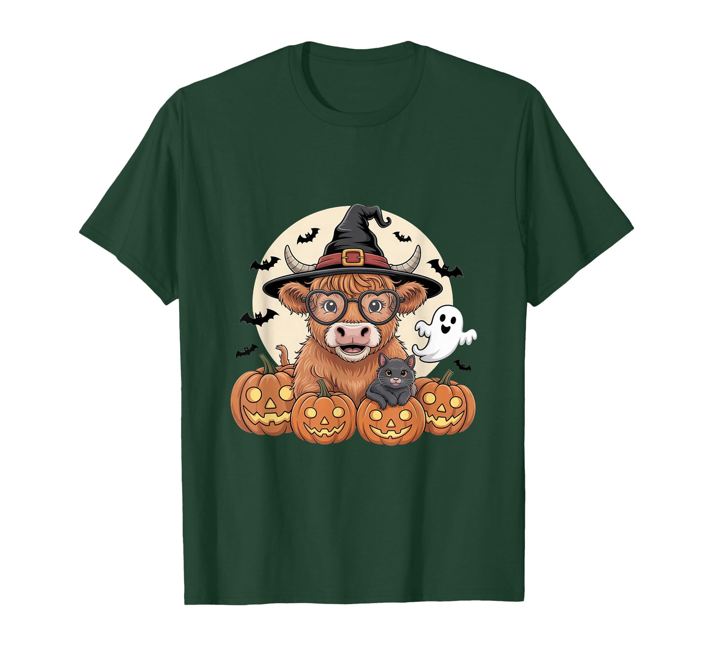 Cute Highland Cow Witch Halloween Pumpkin Black Cat Ghost T-Shirt