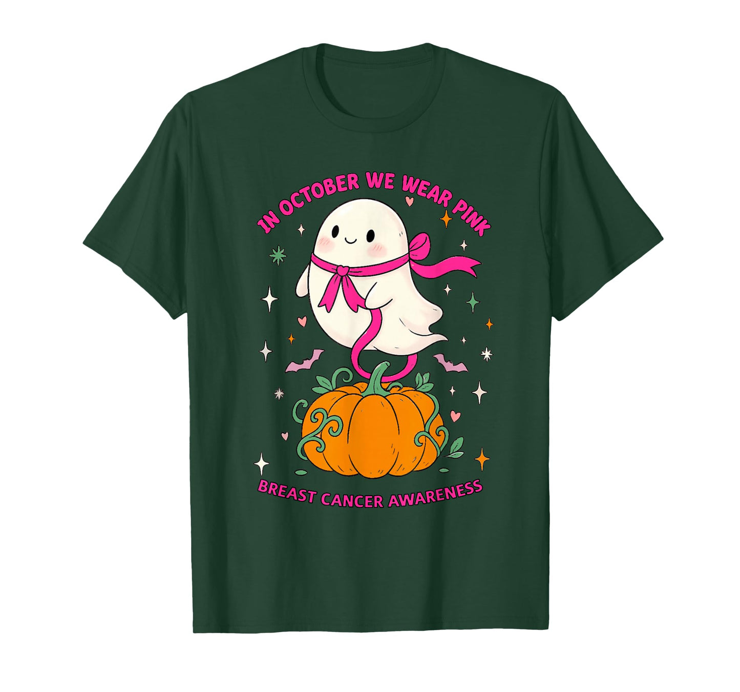in October We Wear Pink Ghost Witch Breast Cancer Awareness T-Shirt
