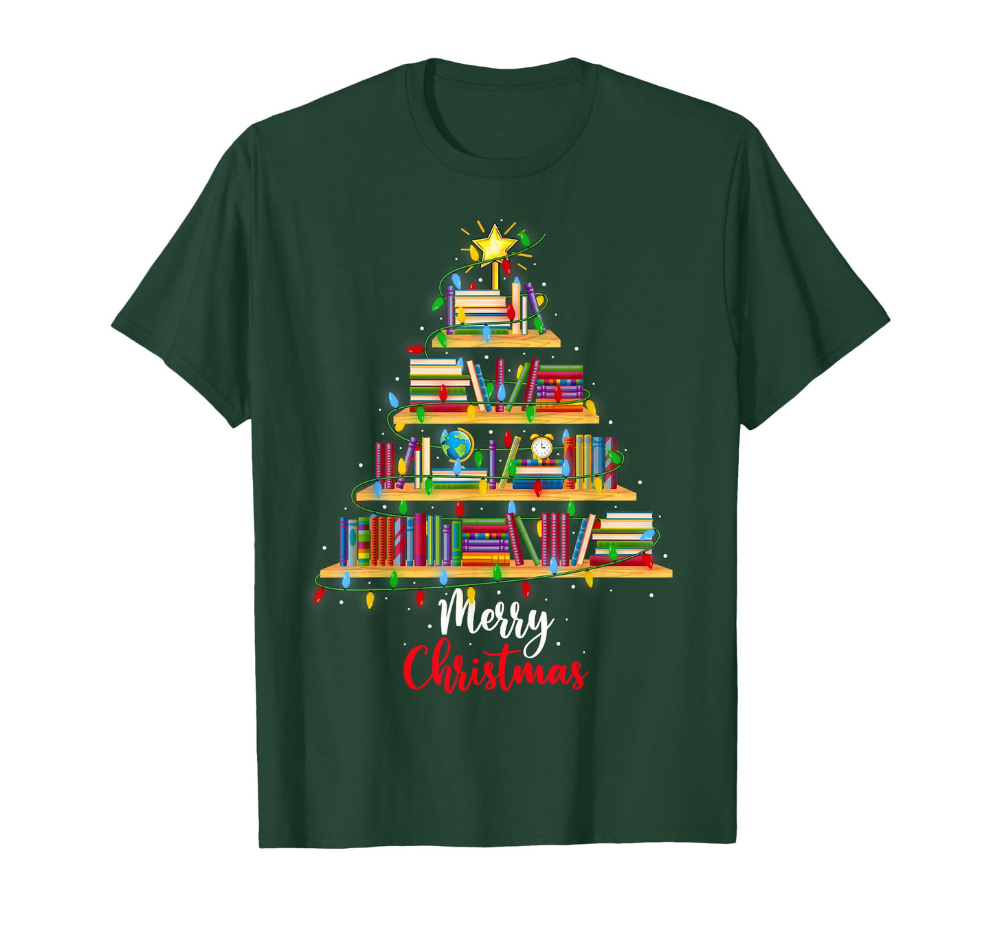 Book Christmas Tree Lights Book Lover Librarian Teacher Xmas T-Shirt