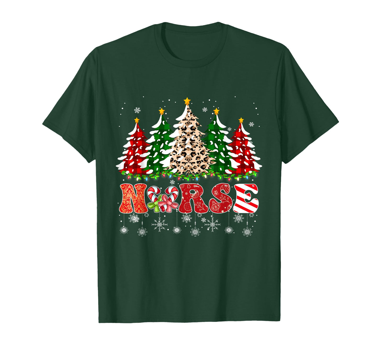 Nurse Christmas Tree Leopard Buffalo Plaid Red Green Xmas T-Shirt