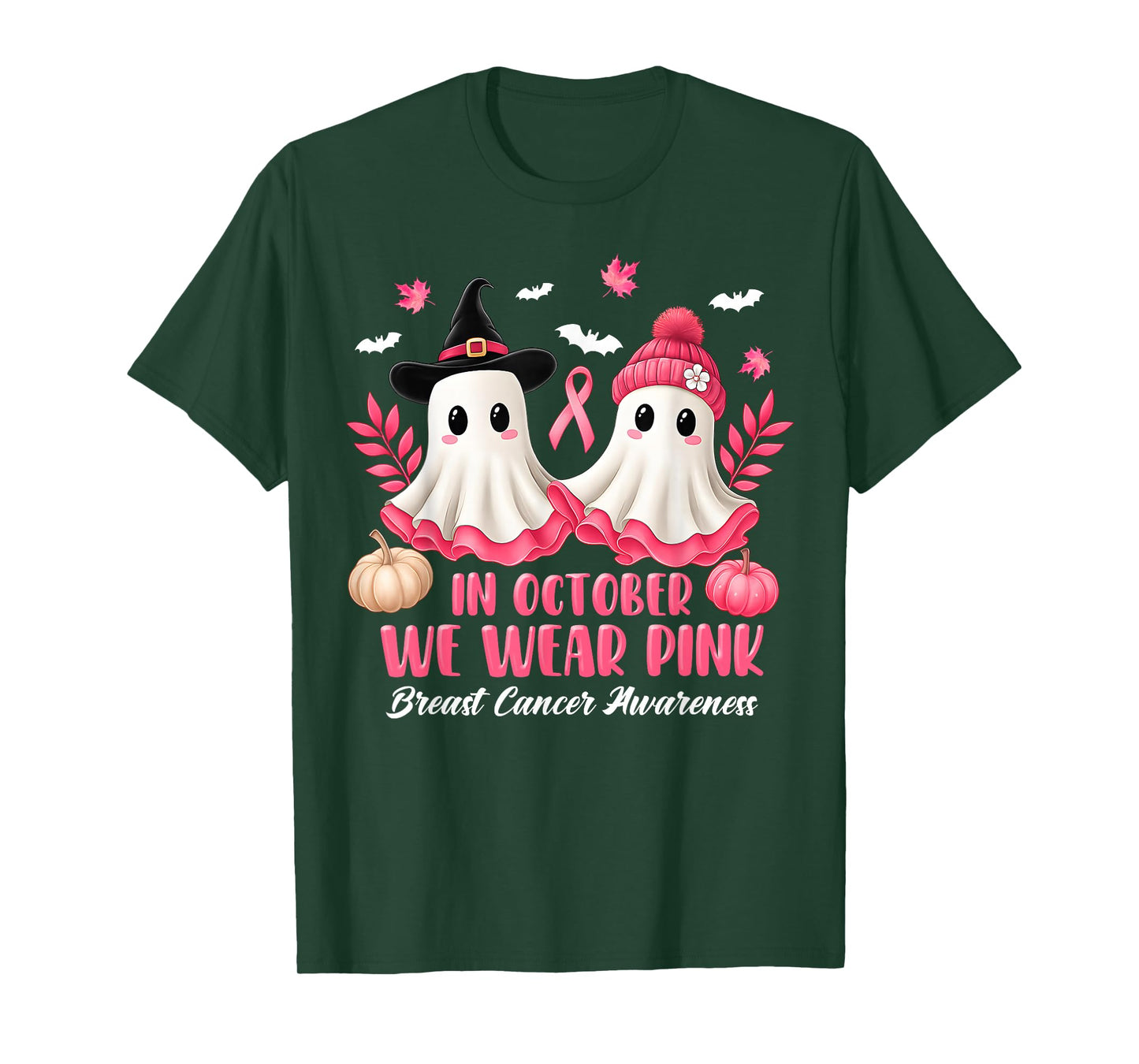 in October We Wear Pink Ghost Witch Breast Cancer Awareness T-Shirt