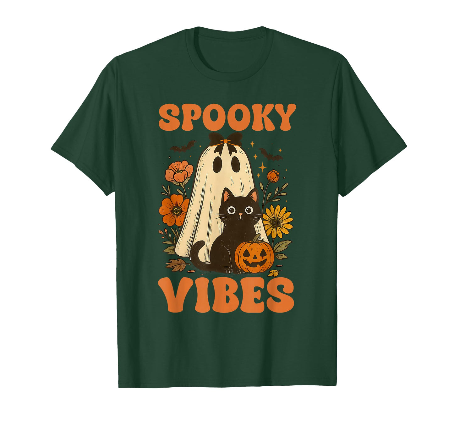 Vintage Halloween Ghost Holding Black Cat Groovy Floral T-Shirt