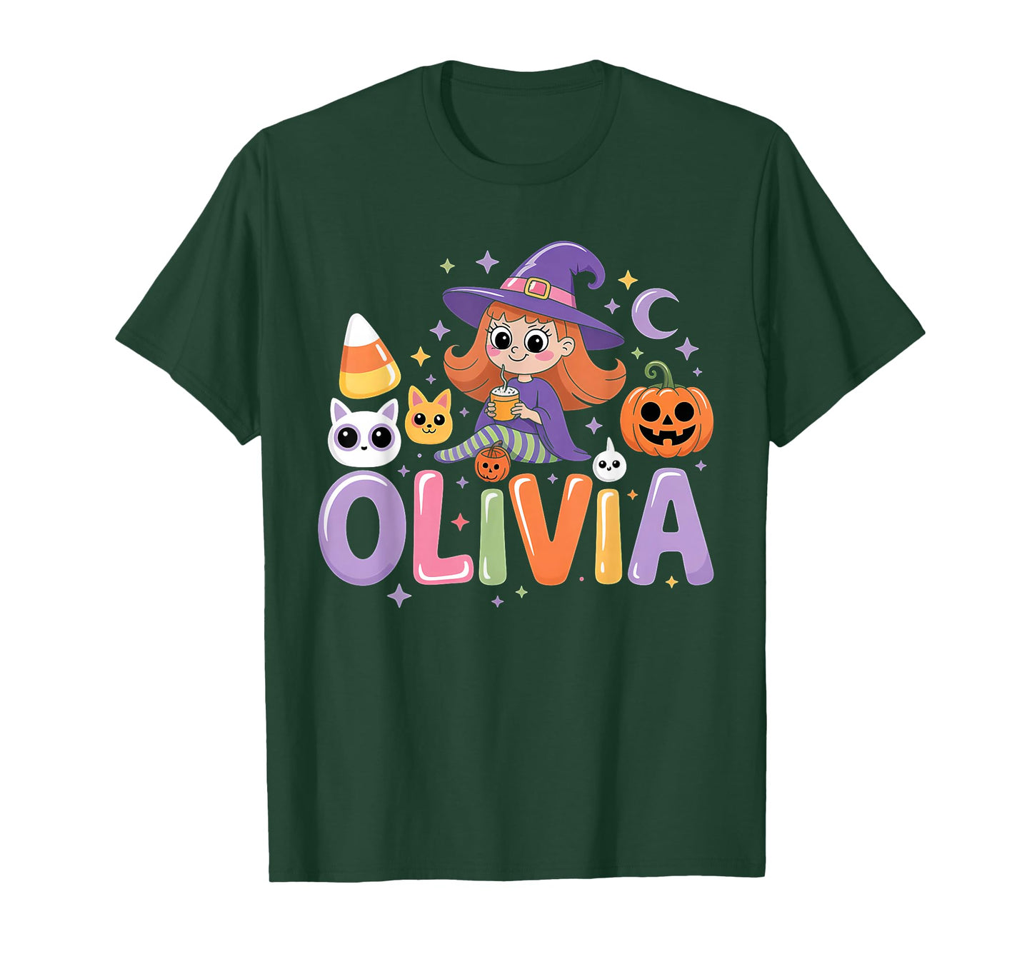 Olivia Witch Candy Corn Cat Halloween Women and Girls T-Shirt