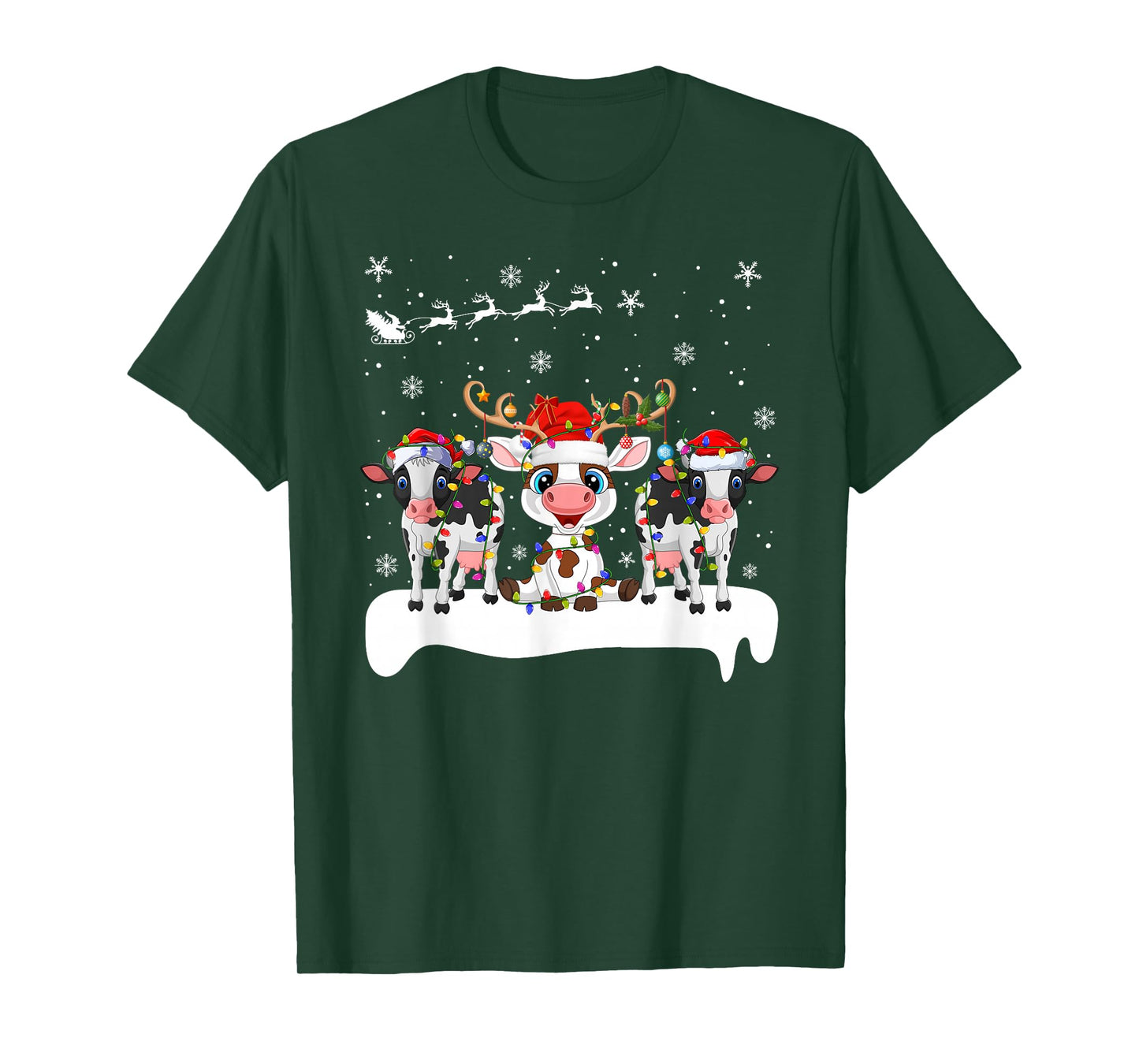 Cow Cattle Christmas Lights Reindeer Santa Hat Cowmas Xmas T-Shirt