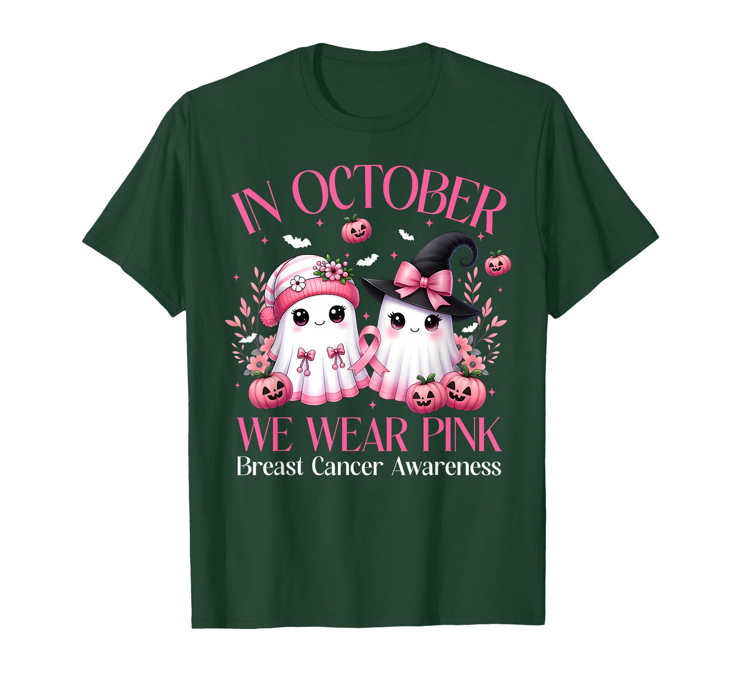 in October We Wear Pink Ghost Witch Breast Cancer Awareness T-Shirt